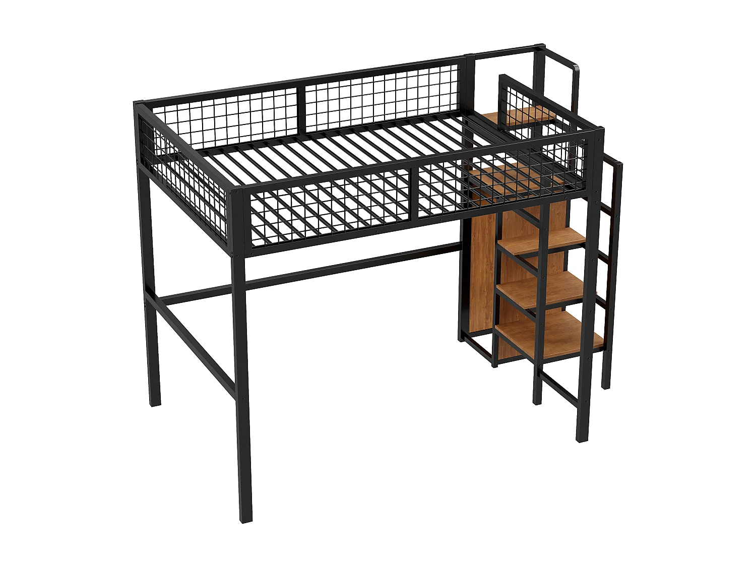 Lit mezzanine enfant 140x200 cm avec structure en fer - avec échelle de rangement et une penderie - Noir