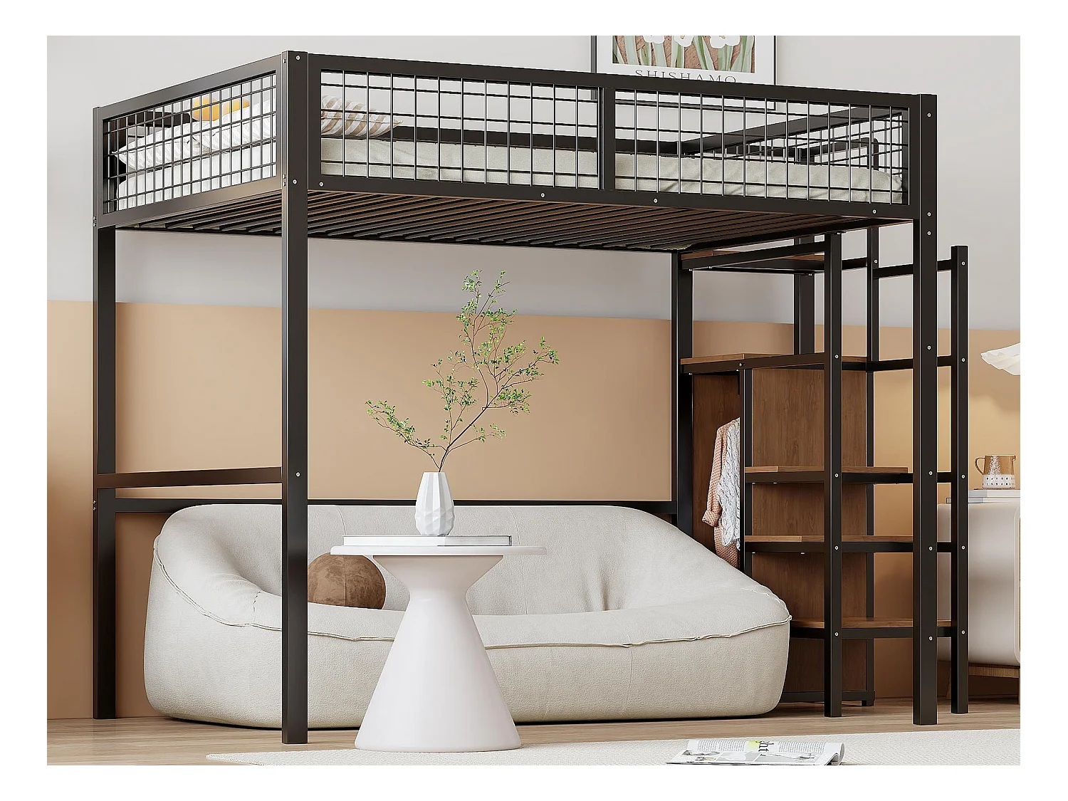 Lit mezzanine enfant 140x200 cm avec structure en fer - avec échelle de rangement et une penderie - Noir