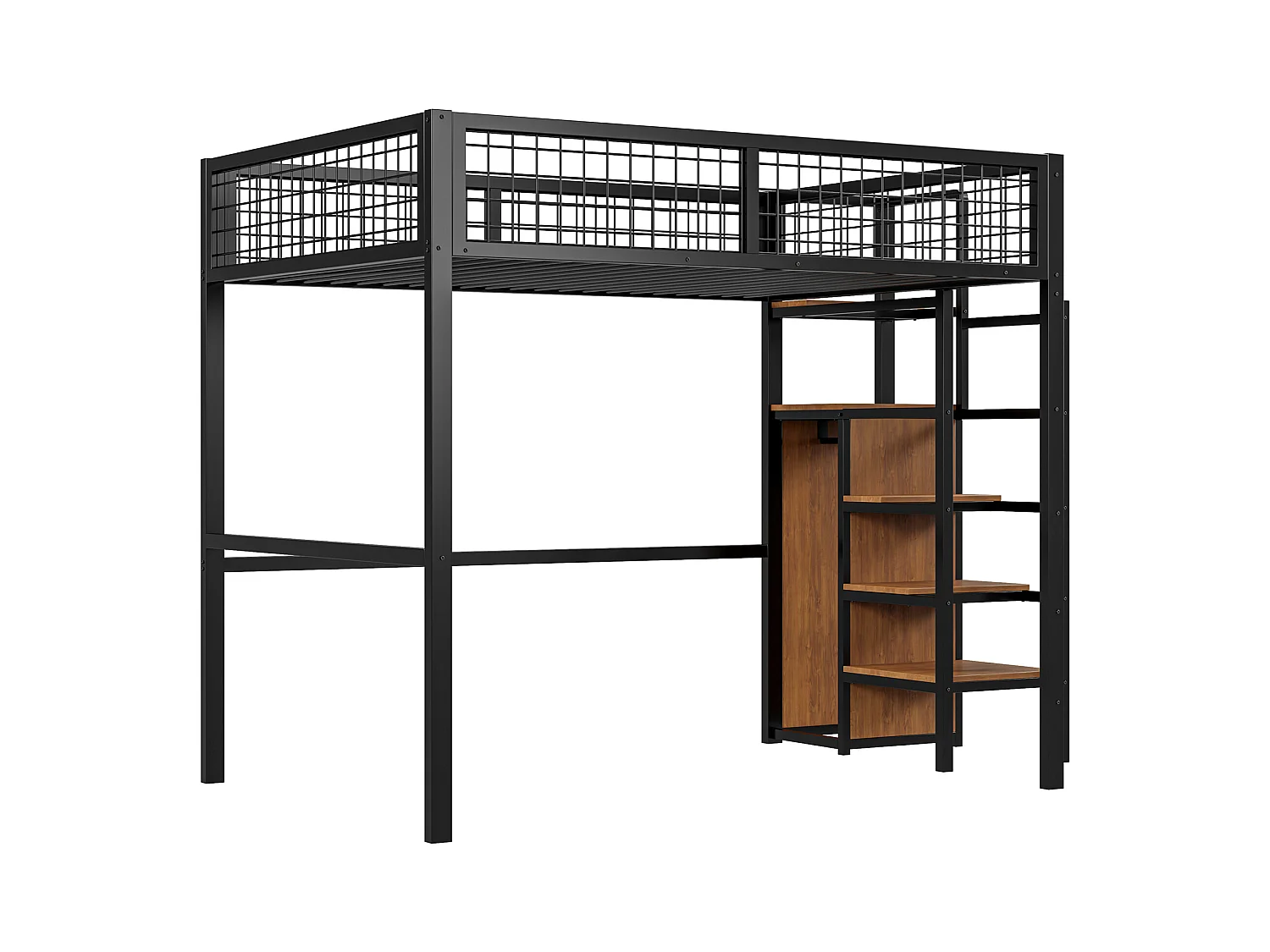 Lit mezzanine enfant 140x200 cm avec structure en fer - avec échelle de rangement et une penderie - Noir