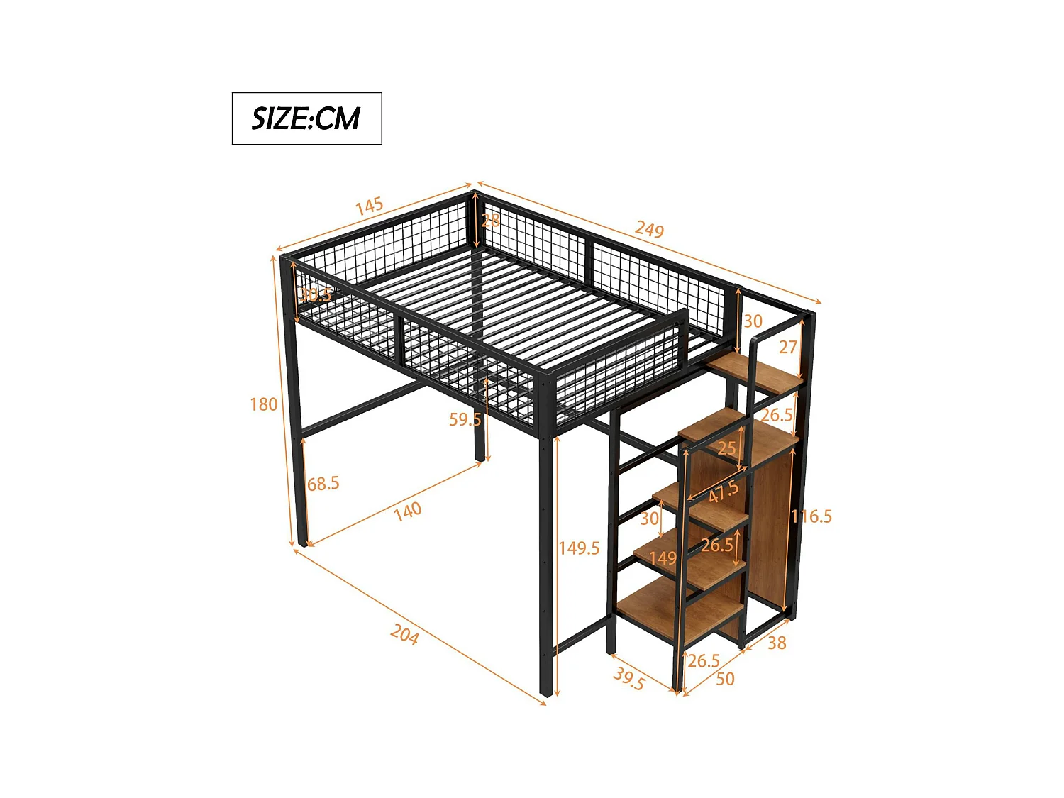 Lit mezzanine enfant 140x200 cm avec structure en fer - avec échelle de rangement et une penderie - Noir