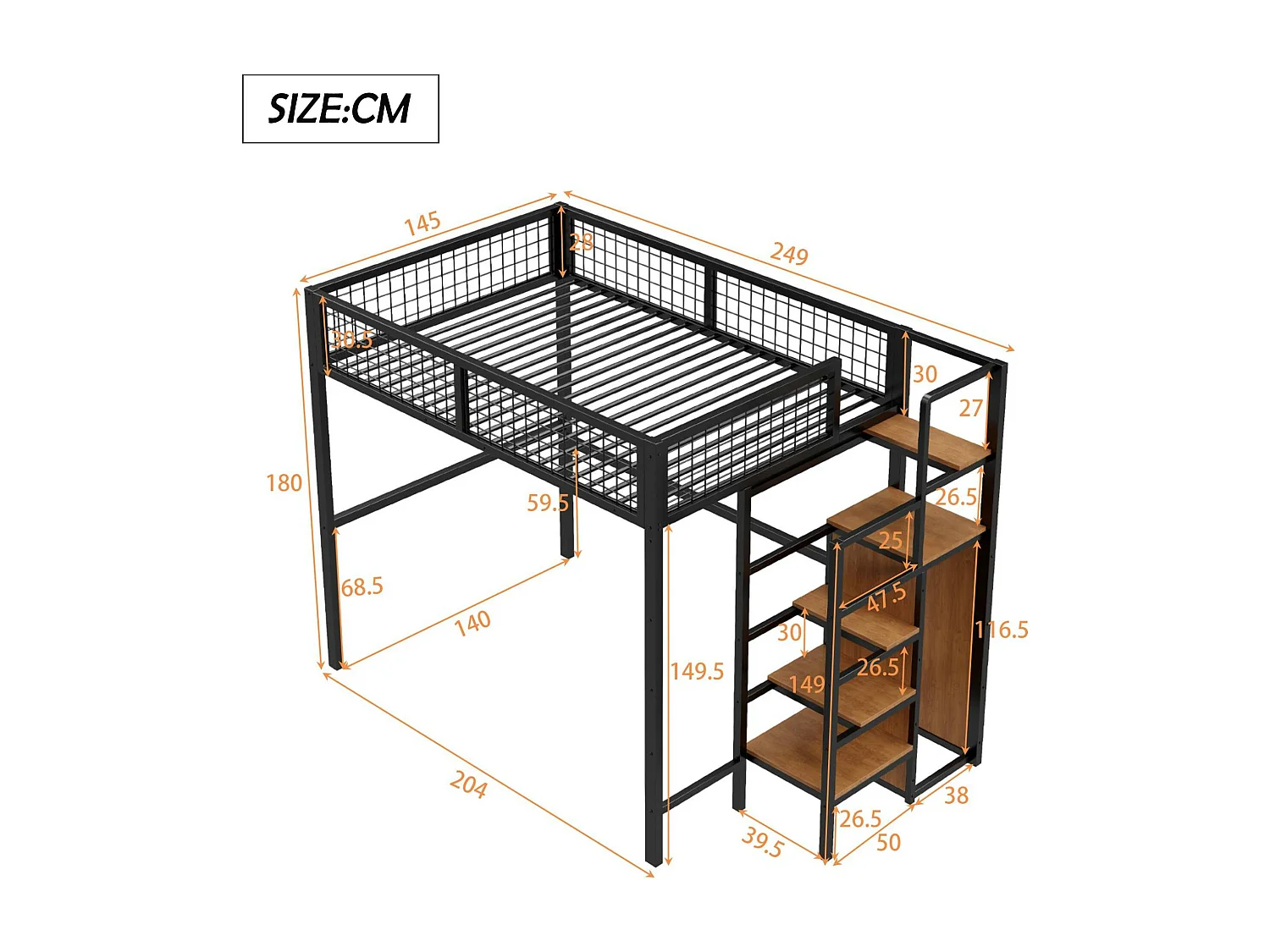 Łóżko mezzanine dla dzieci 140x200 cm z metalową konstrukcją - z drabiną do przechowywania i szafą - Czarny
