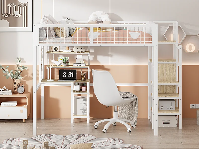 Kindertussenbed 140x200 cm met ijzeren structuur - met opbergladder, kledingkast en bureau - Wit