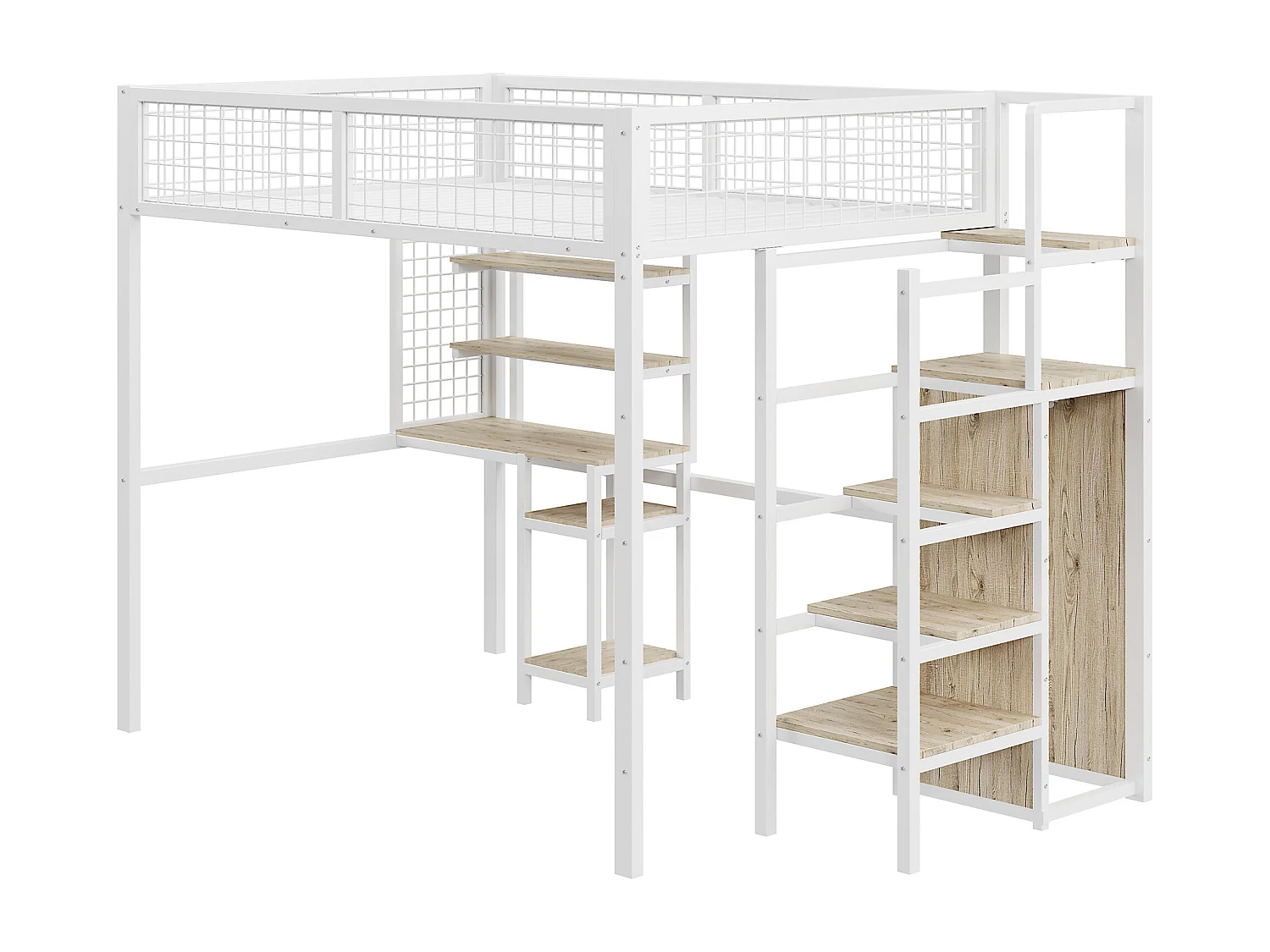 Kindertussenbed 140x200 cm met ijzeren structuur - met opbergladder, kledingkast en bureau - Wit