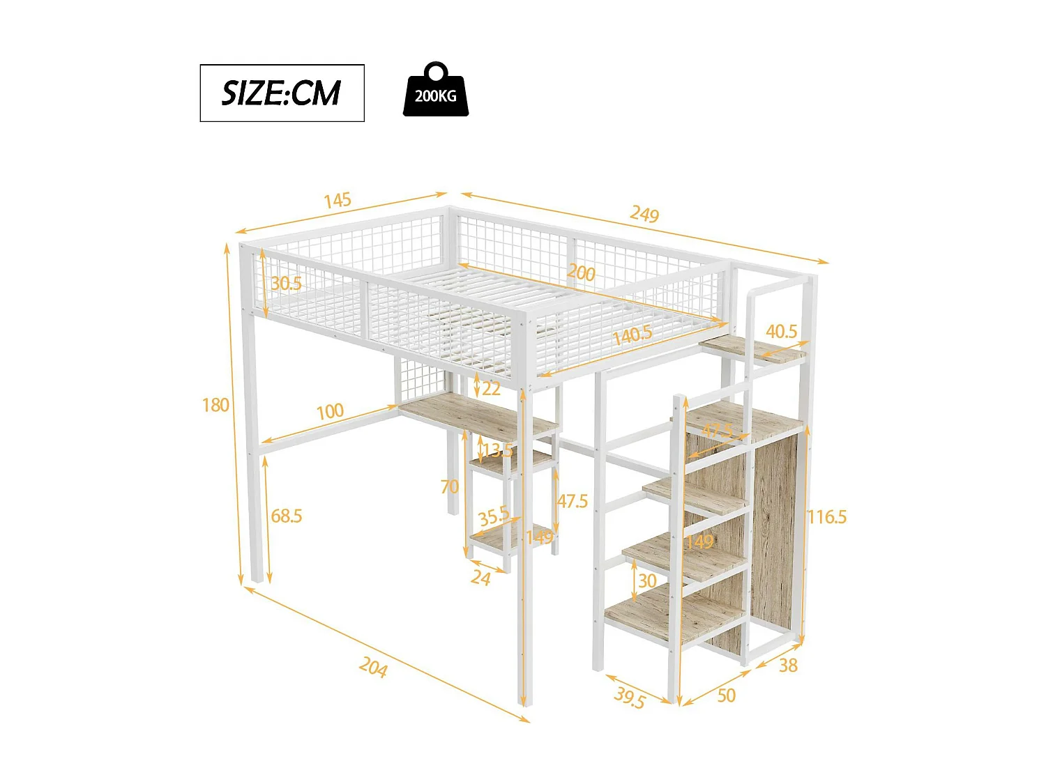 Hochbett für Kinder 140 x 200 cm mit Eisengestell – mit Aufbewahrungsleiter, Kleiderschrank und Schreibtisch – Weiß