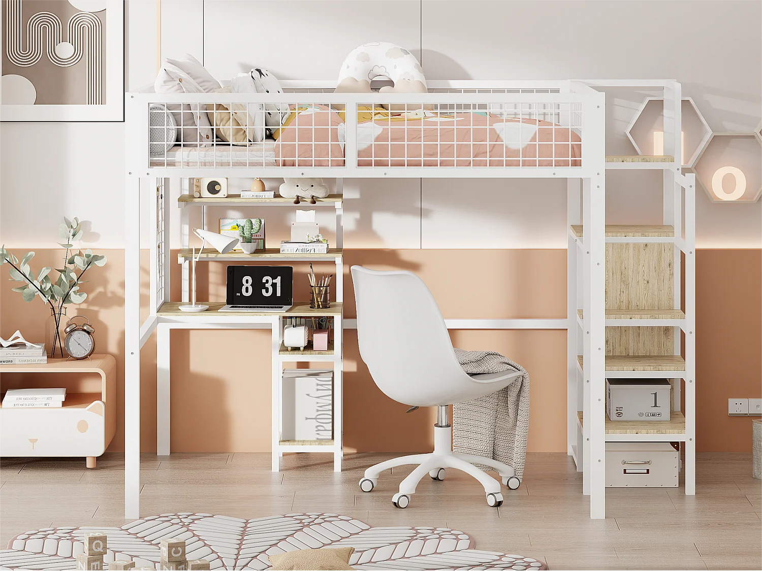 Hochbett für Kinder 140 x 200 cm mit Eisengestell – mit Aufbewahrungsleiter, Kleiderschrank und Schreibtisch – Weiß