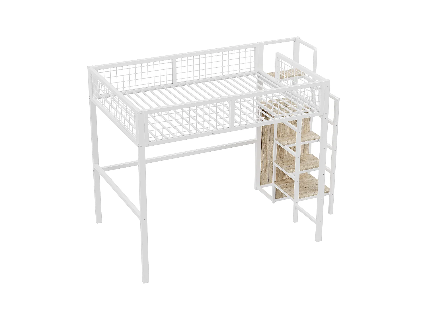 Lit mezzanine enfant 140x200 cm avec structure en fer - avec échelle de rangement et une penderie - Blanc