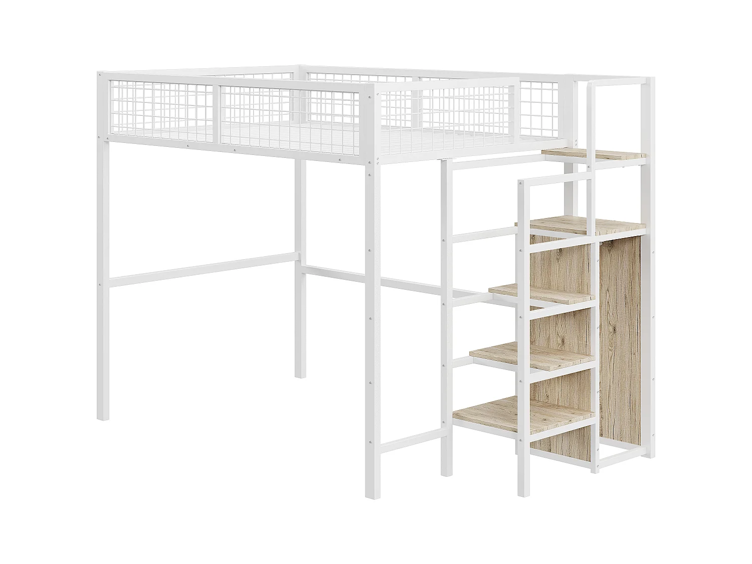 Lit mezzanine enfant 140x200 cm avec structure en fer - avec échelle de rangement et une penderie - Blanc