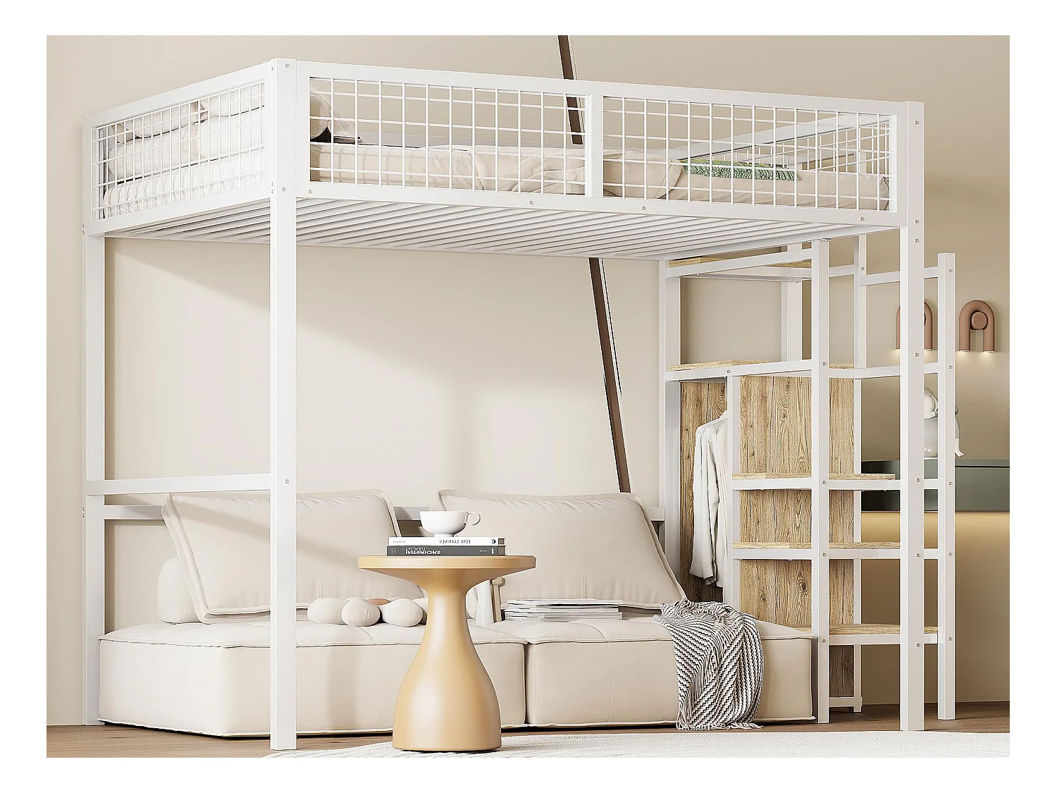 Hochbett für Kinder 140 x 200 cm mit Eisengestell – mit Aufbewahrungsleiter und Kleiderschrank – Weiß