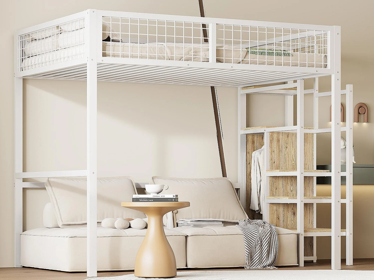 Hochbett für Kinder 140 x 200 cm mit Eisengestell – mit Aufbewahrungsleiter und Kleiderschrank – Weiß