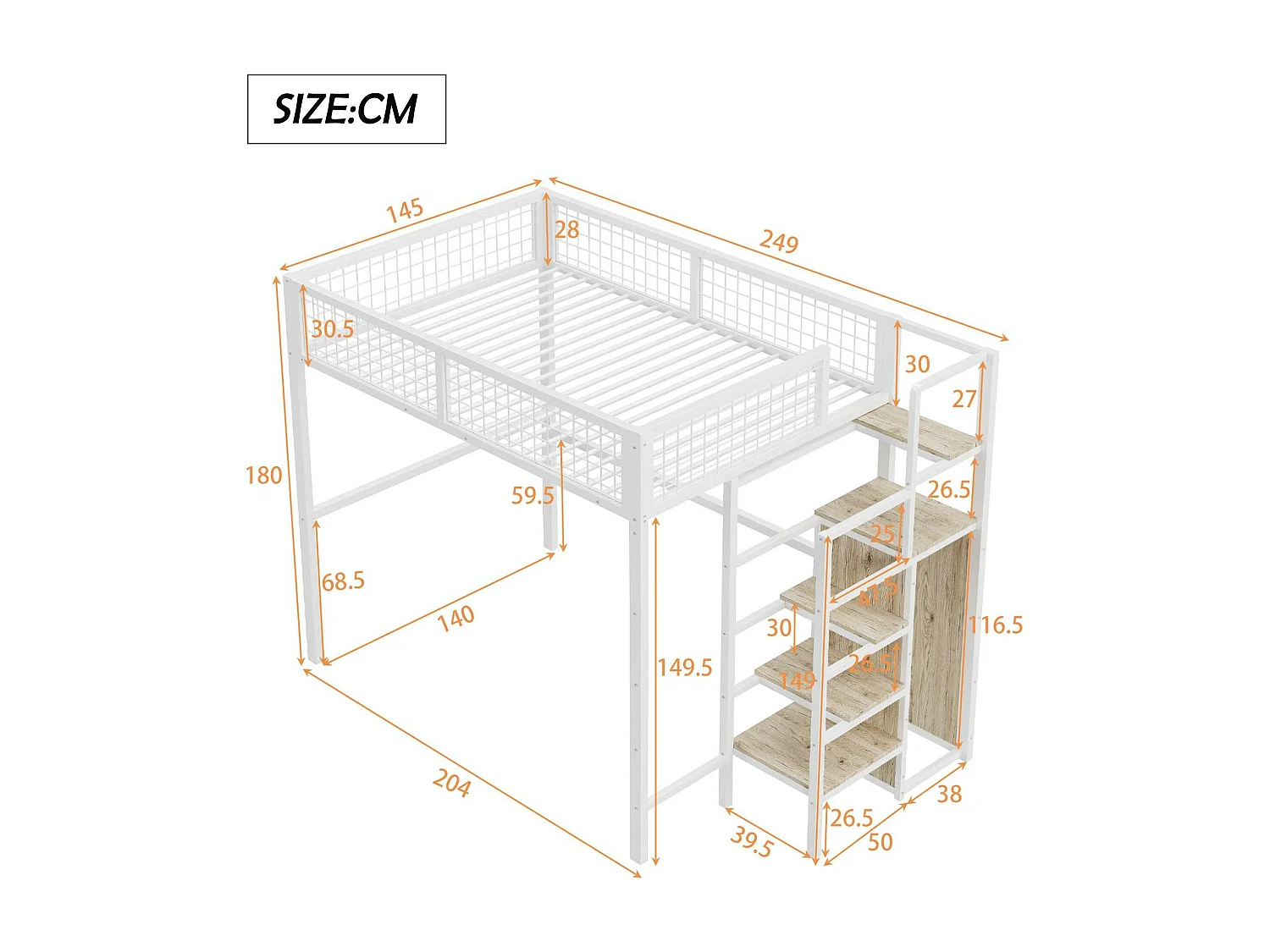 Hochbett für Kinder 140 x 200 cm mit Eisengestell – mit Aufbewahrungsleiter und Kleiderschrank – Weiß