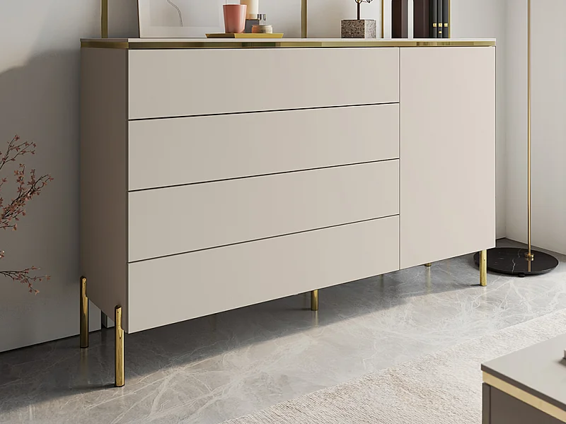 Kommode mit 4 Schubladen & 1 Tür - Beige & Goldfarben - VUKIA von Pascal Morabito