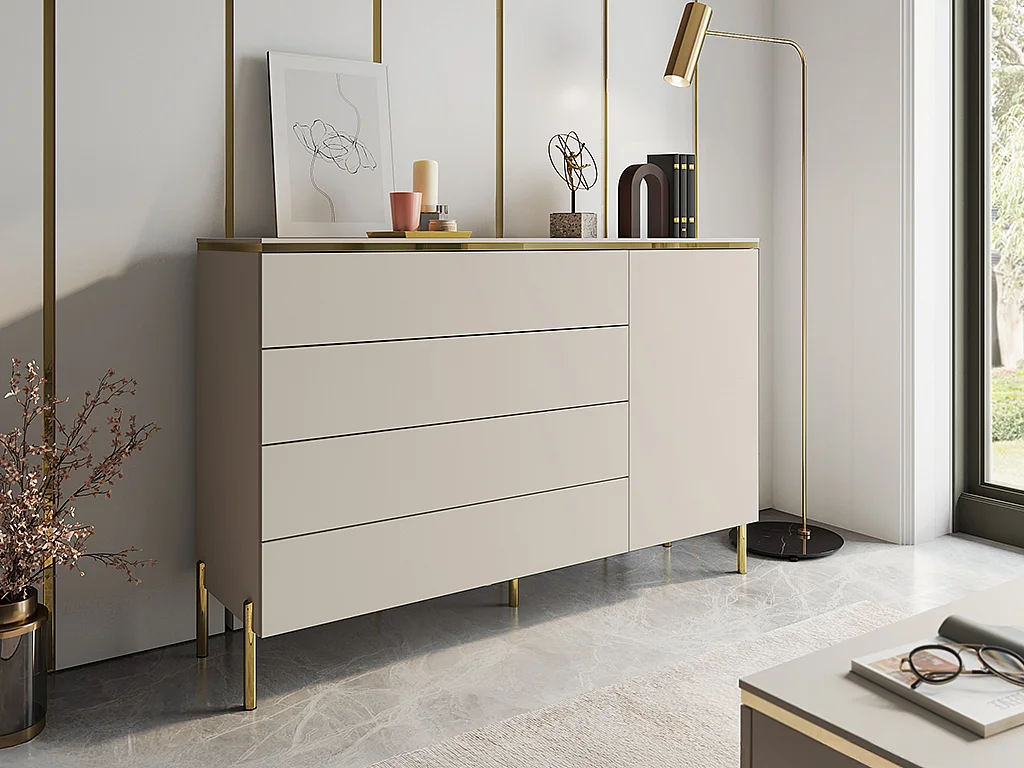Commode avec 4 tiroirs et 1 porte - Beige et doré - VUKIA de Pascal Morabito