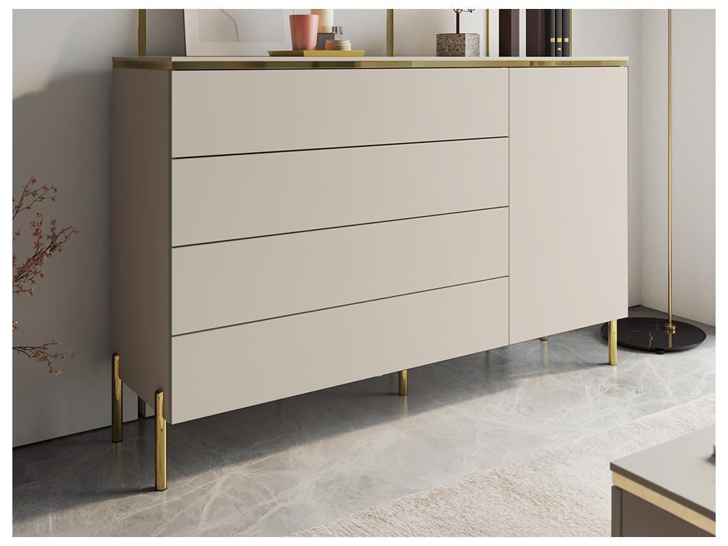 Commode avec 4 tiroirs et 1 porte - Beige et doré - VUKIA de Pascal Morabito