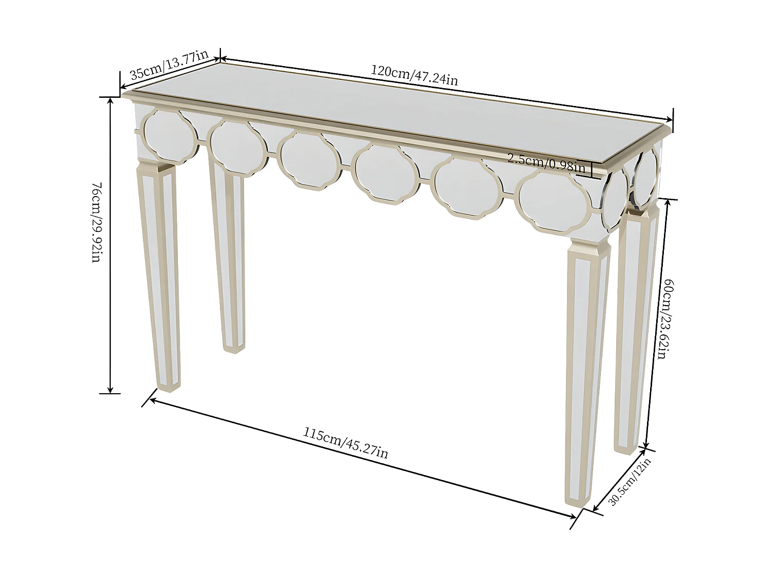 Console en verre trempé doré et argenté - 120x35x76cm