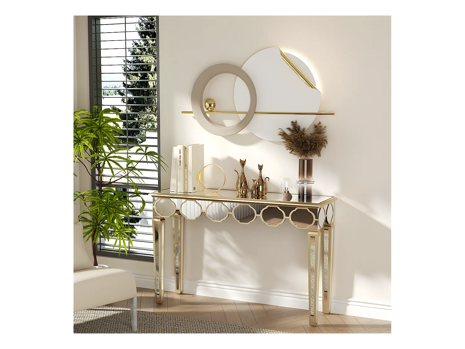 Console en verre trempé doré et argenté - 120x35x76cm