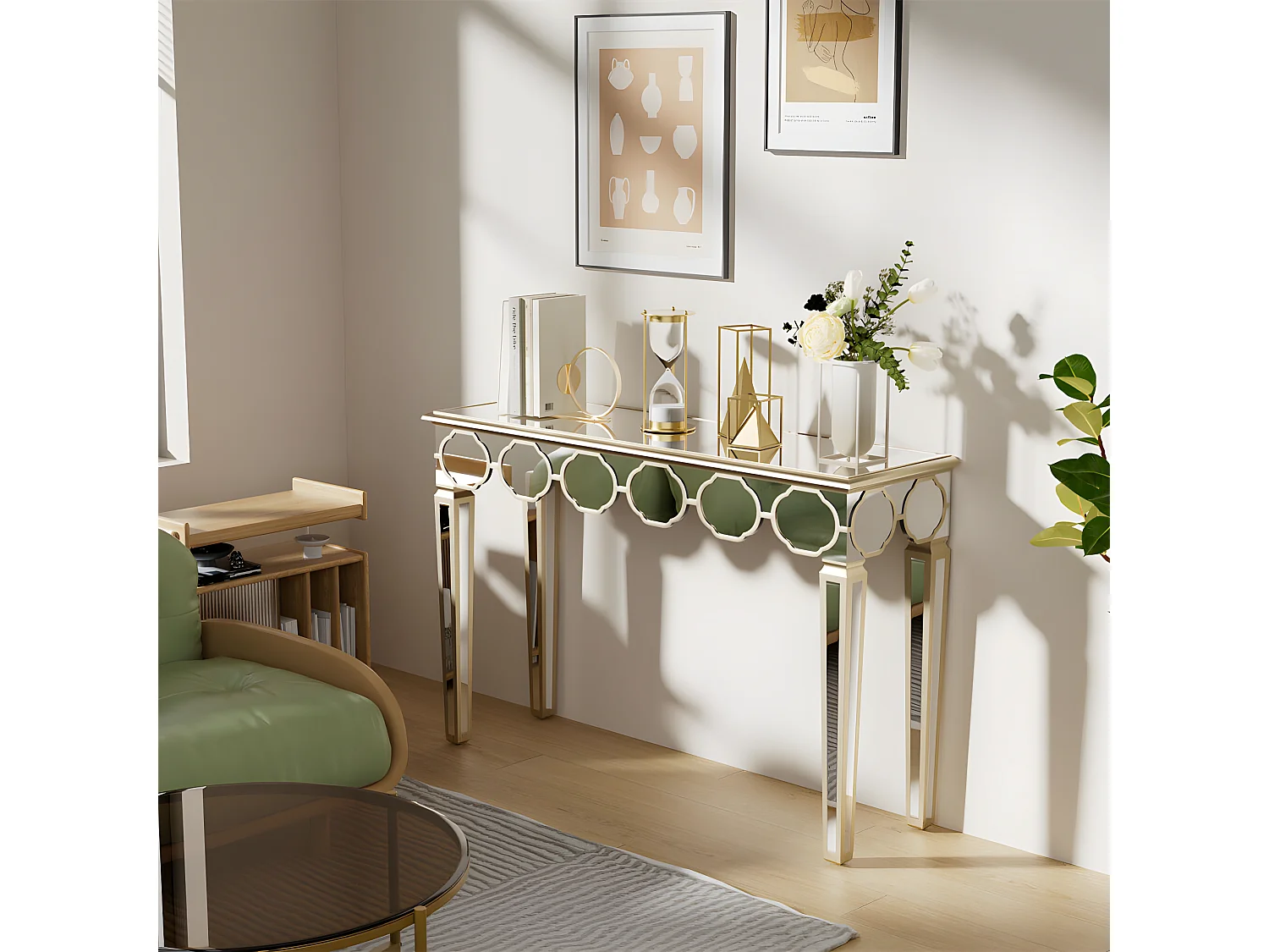 Console en verre trempé doré et argenté - 120x35x76cm