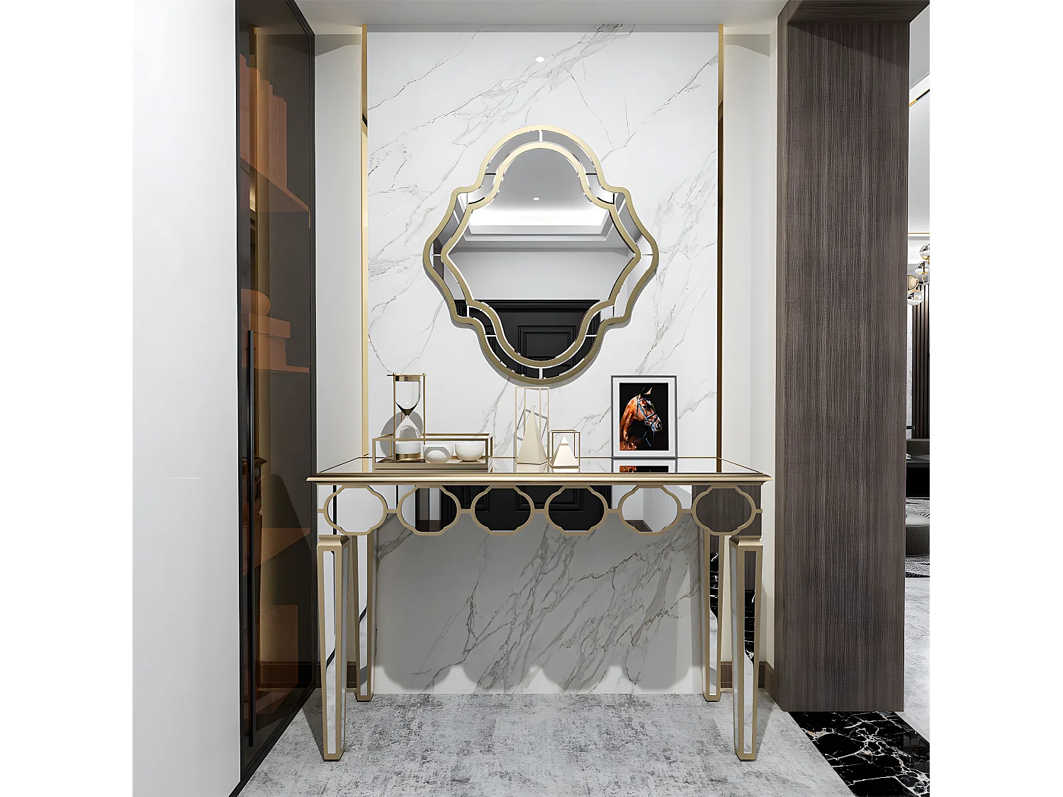 Console en verre trempé doré et argenté - 120x35x76cm