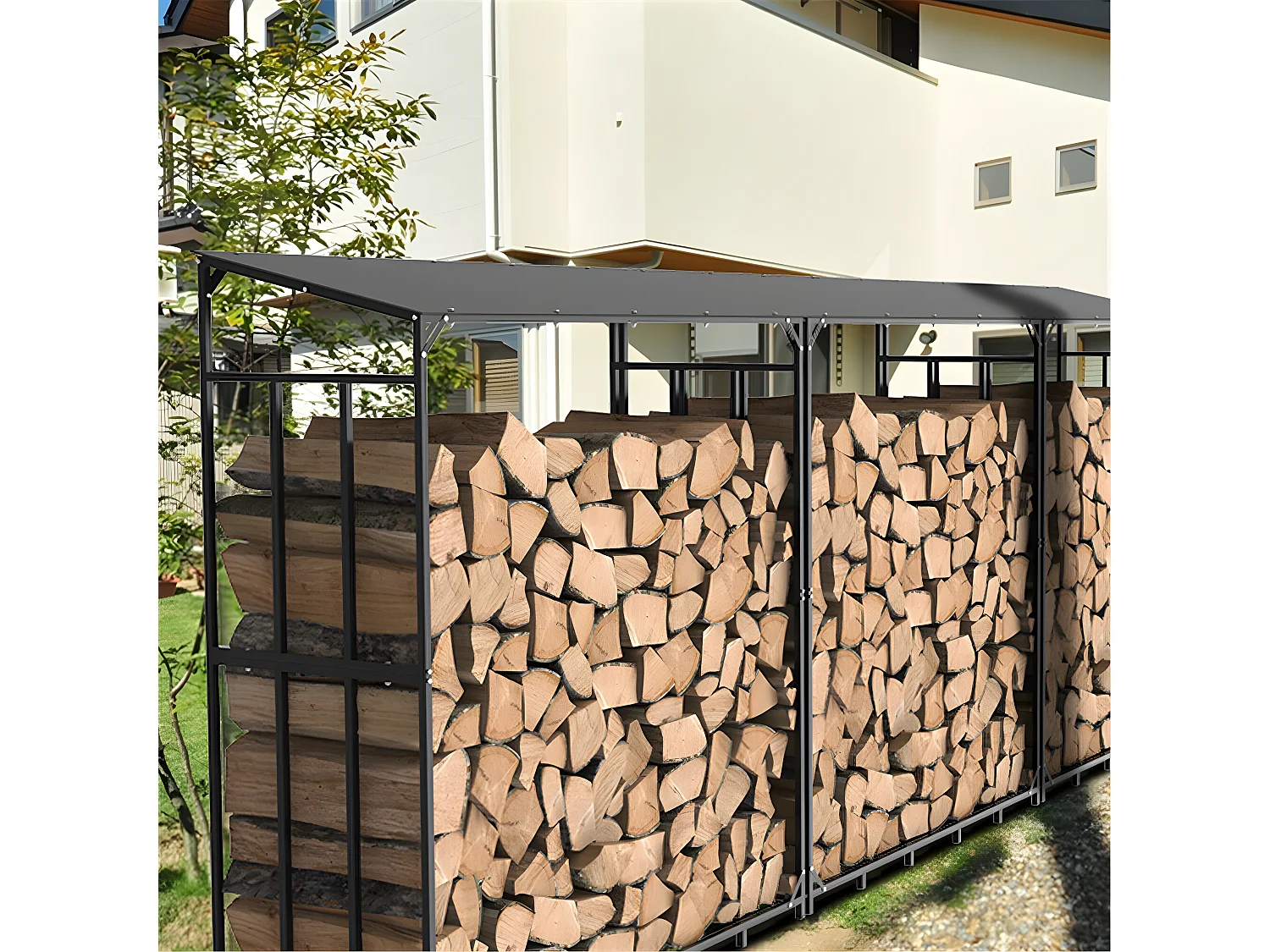 Etagère bois de cheminée - Métal - 176x60x156cm - Noir - Abri de jardin