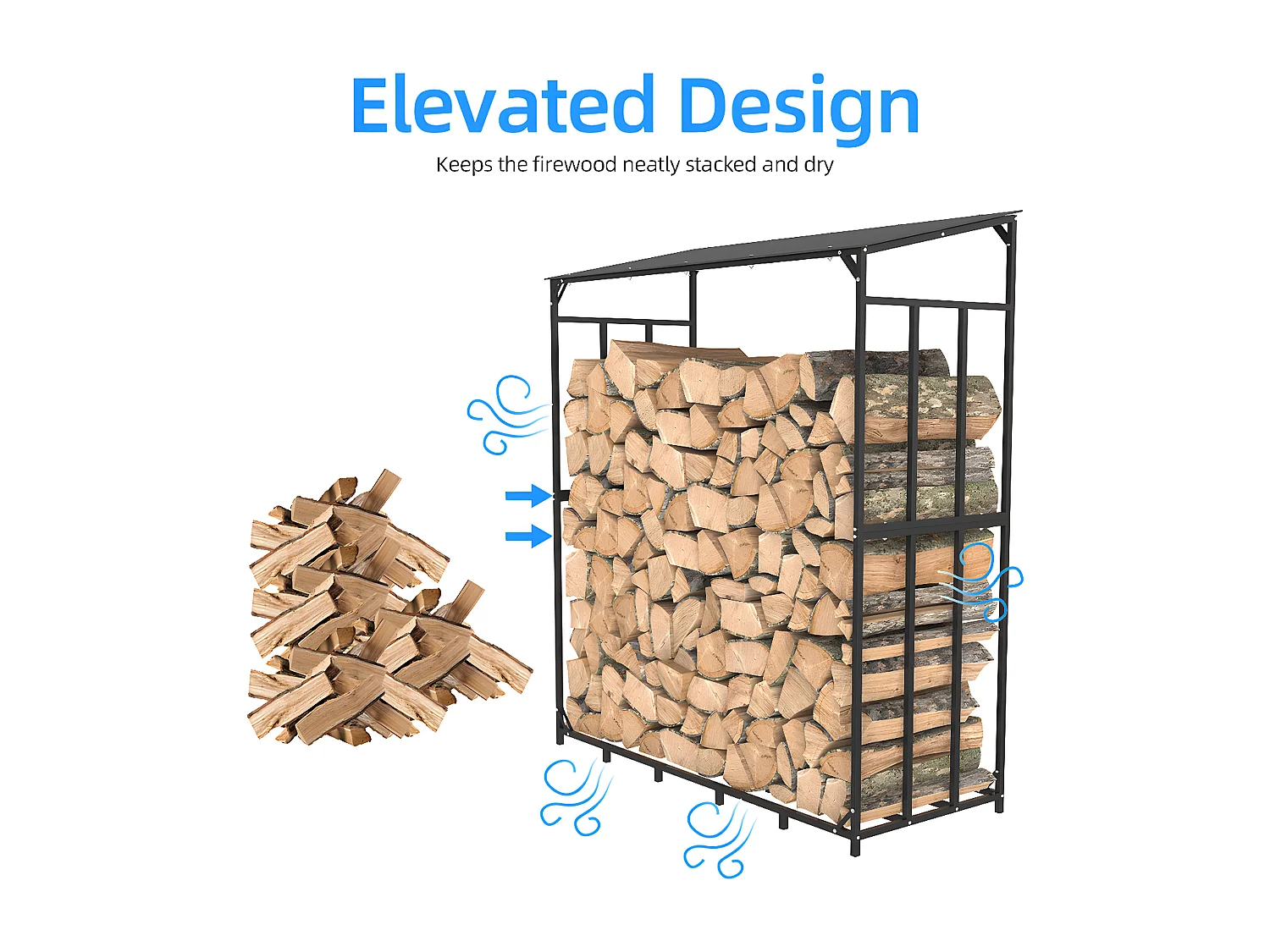 Etagère bois de cheminée - Métal - 176x60x156cm - Noir - Abri de jardin