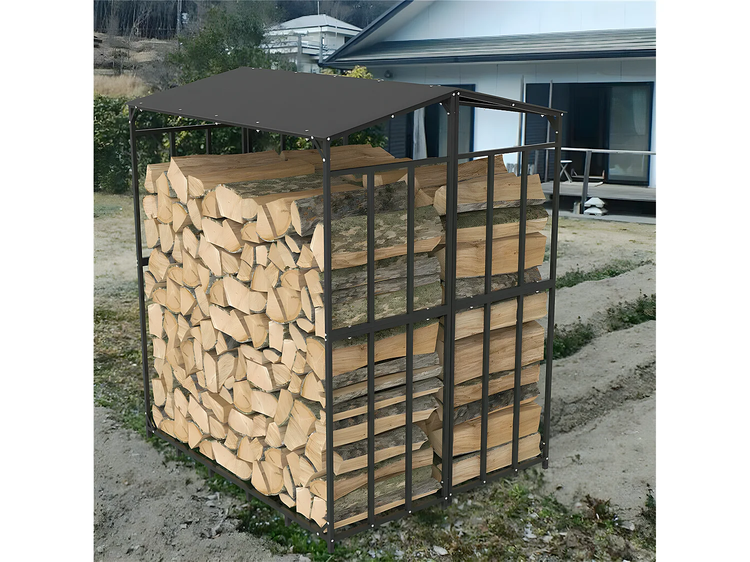 Etagère bois de cheminée - Métal - 176x60x156cm - Noir - Abri de jardin