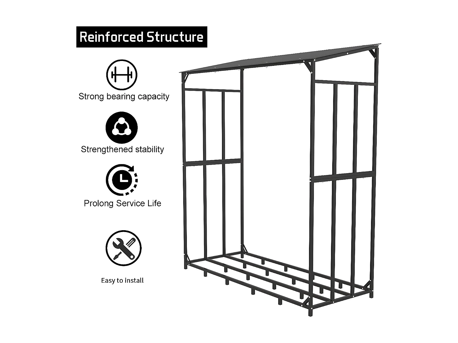 Etagère bois de cheminée - Métal - 176x60x156cm - Noir - Abri de jardin