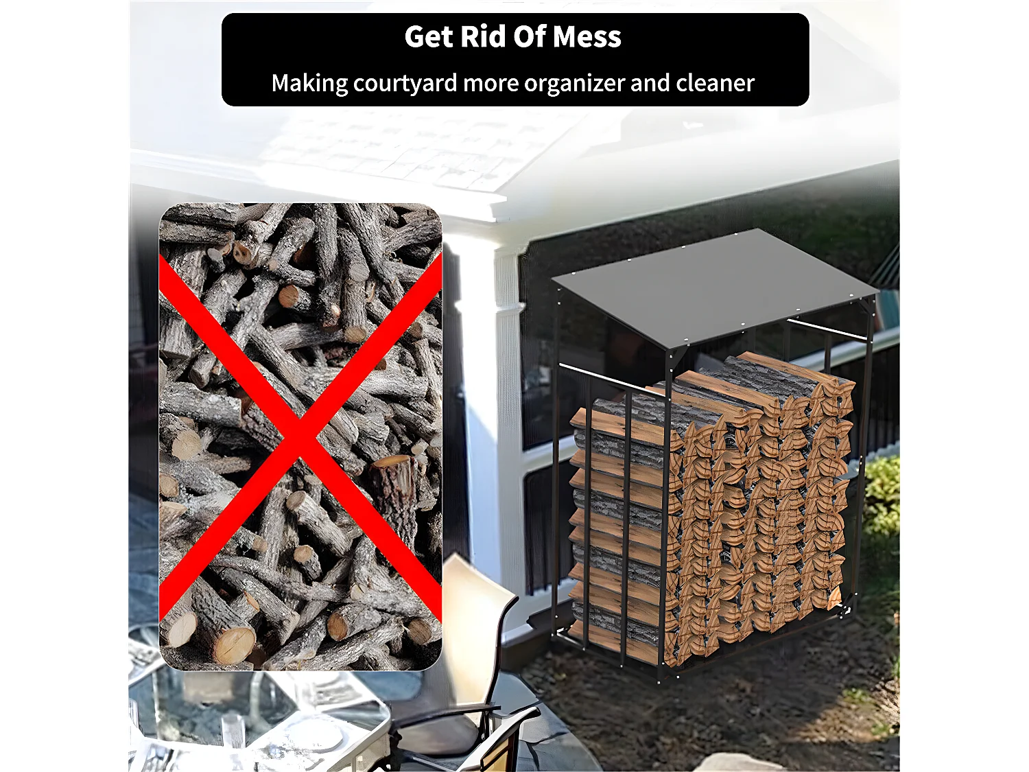 Etagère bois de cheminée - Métal - 176x60x156cm - Noir - Abri de jardin