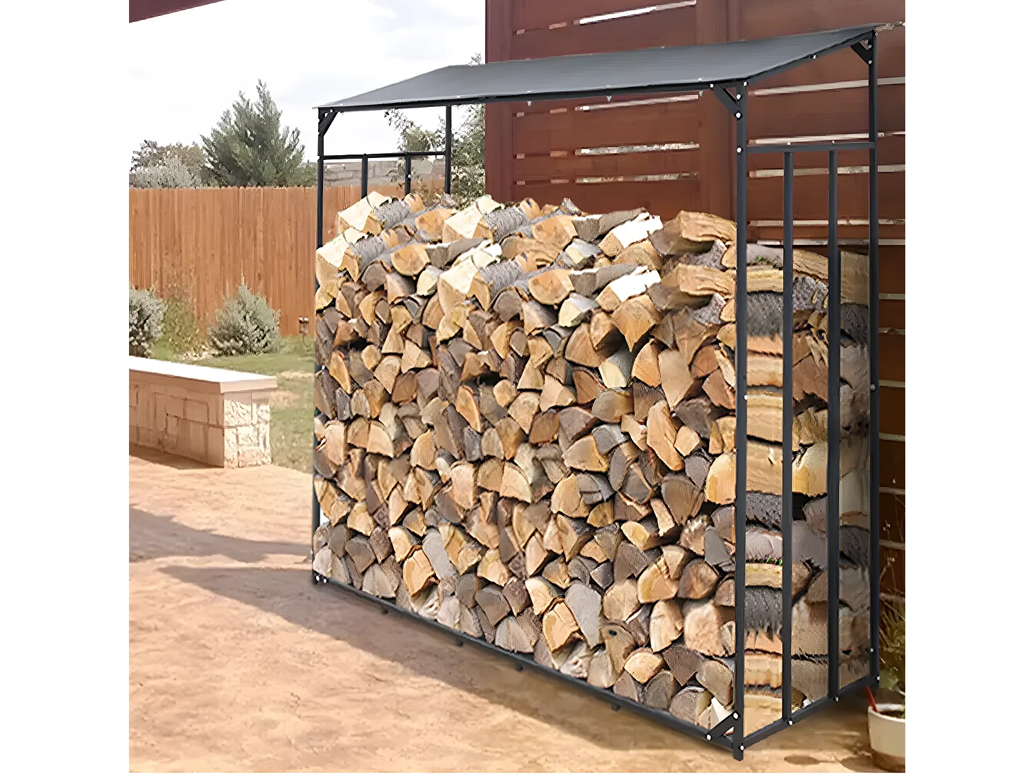 Etagère bois de cheminée - Métal - 176x60x156cm - Noir - Abri de jardin