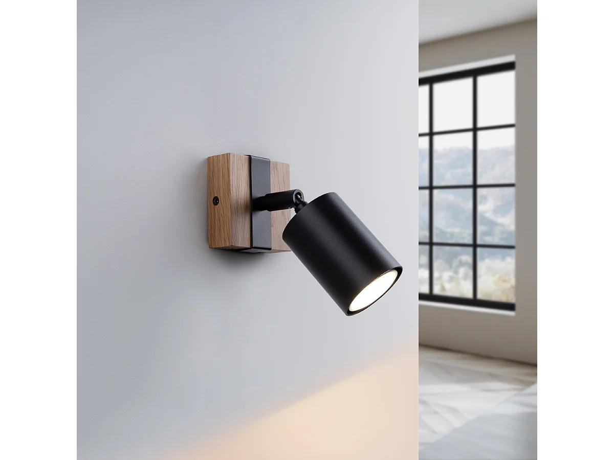 Wandlampe FAGER skandinavisch aus  Stahl/Naturholz - 1 lichtquellen - L.8 x H. cm - schwarz/Naturholz