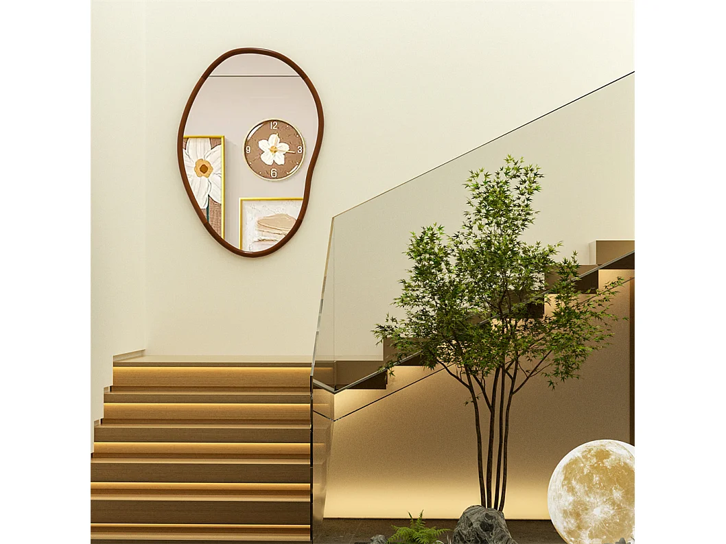 Miroir mural en verre argenté avec cadre en bois massif  - L 76.2 x H 109.2cm - Miroir asymétrique - Miroir moderne