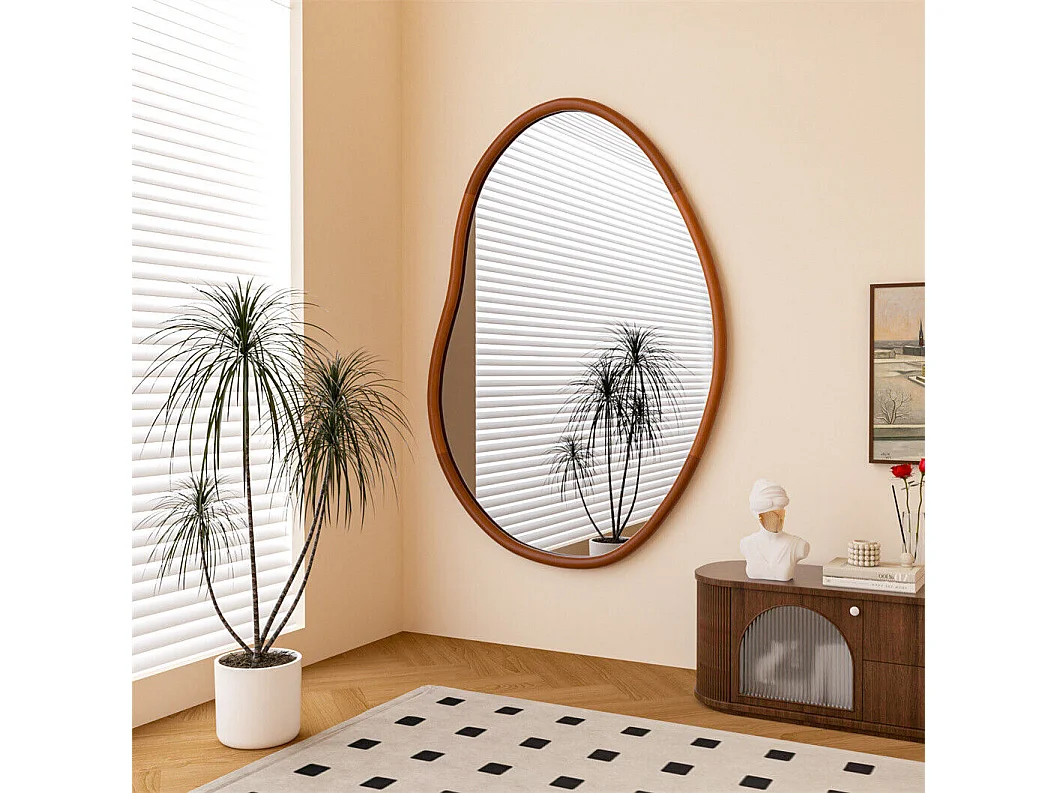 Miroir mural en verre argenté avec cadre en bois massif  - L 56 x H 82 cm - Miroir asymétrique - Miroir moderne