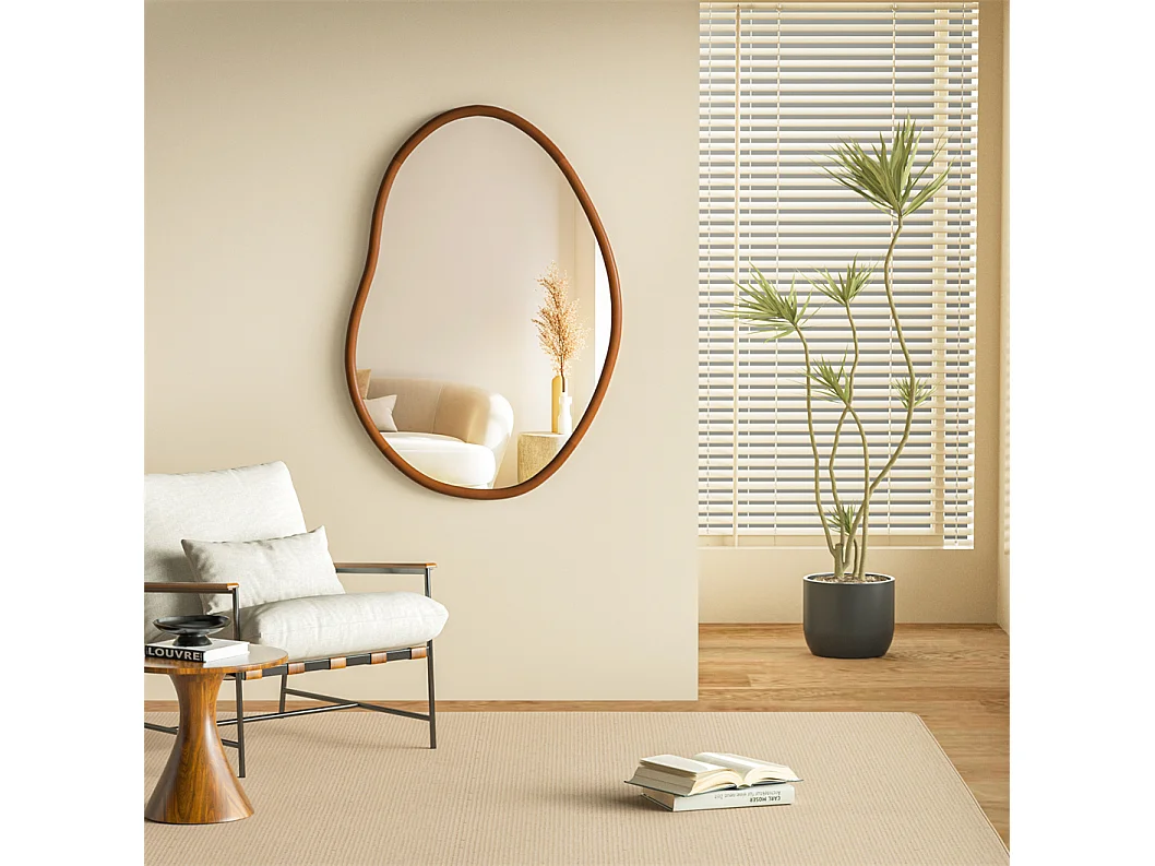 Miroir mural en verre argenté avec cadre en bois massif  - L 56 x H 82 cm - Miroir asymétrique - Miroir moderne