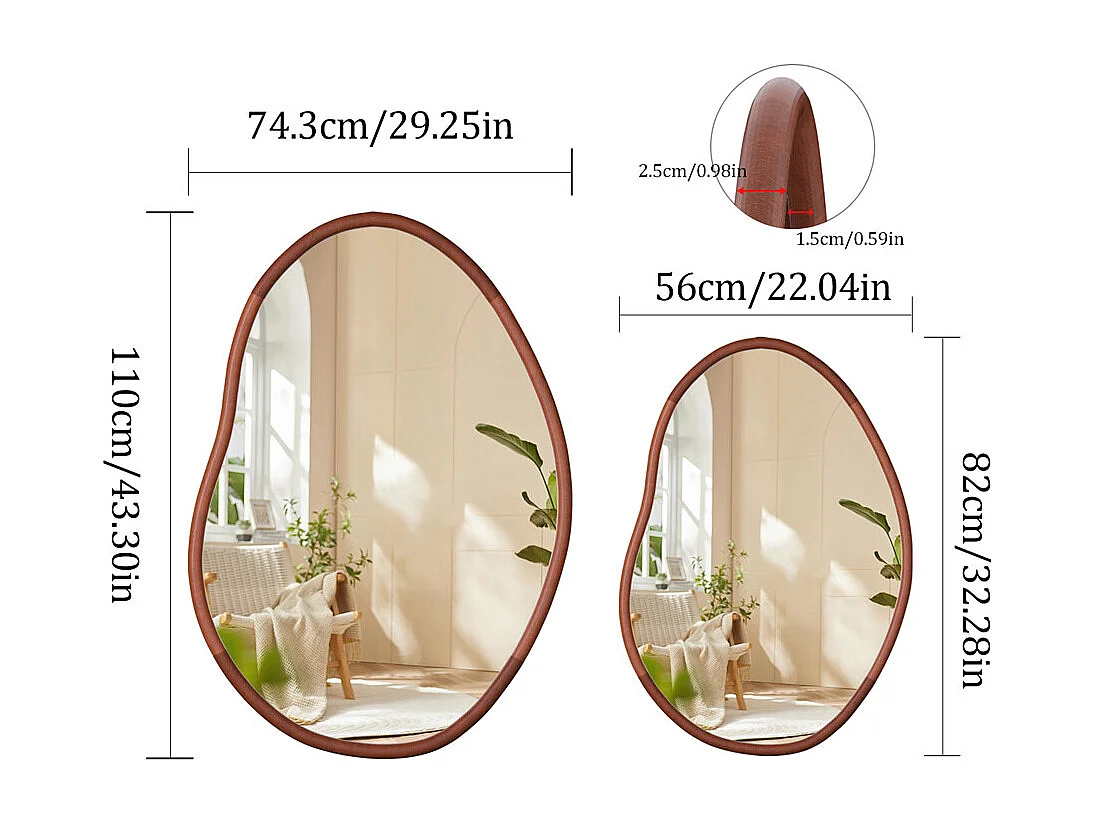 Miroir mural en verre argenté avec cadre en bois massif  - L 56 x H 82 cm - Miroir asymétrique - Miroir moderne