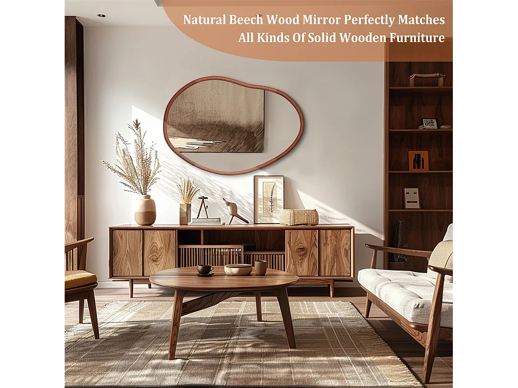 Miroir mural en verre argenté avec cadre en bois massif  - L 56 x H 82 cm - Miroir asymétrique - Miroir moderne