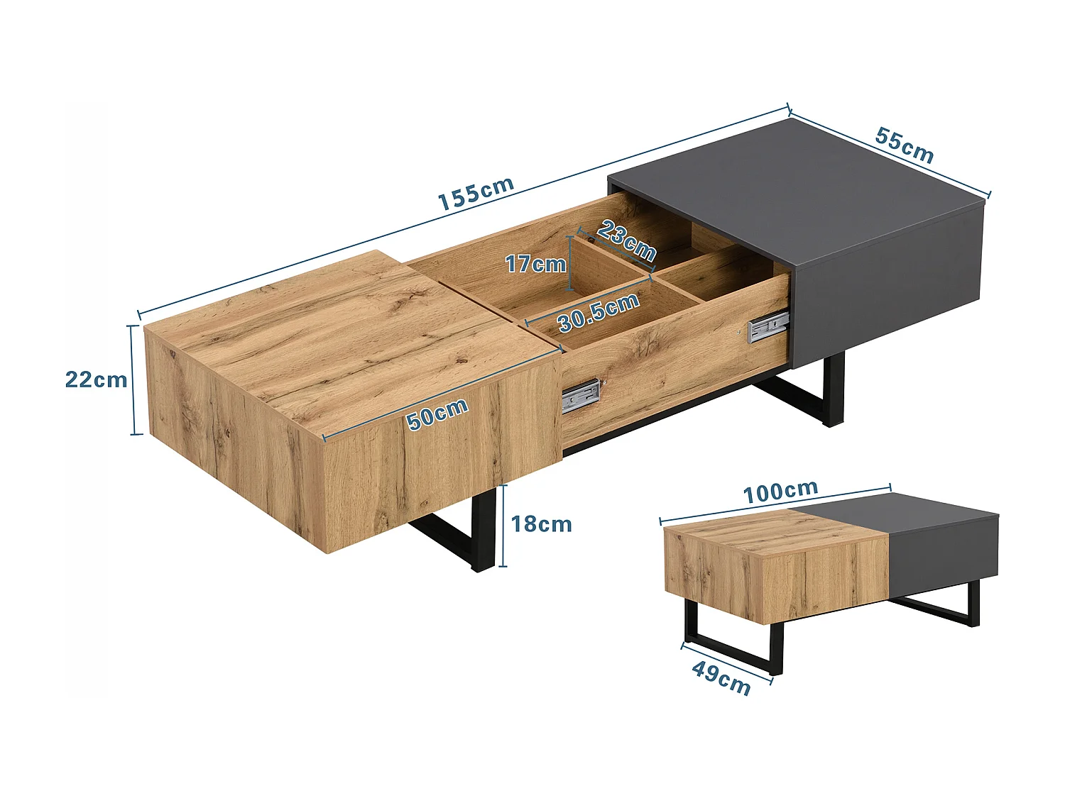 Tavolino scorrevole con vano nascosto - 155 x 55 x 22 cm - legno e metallo - nero e naturale