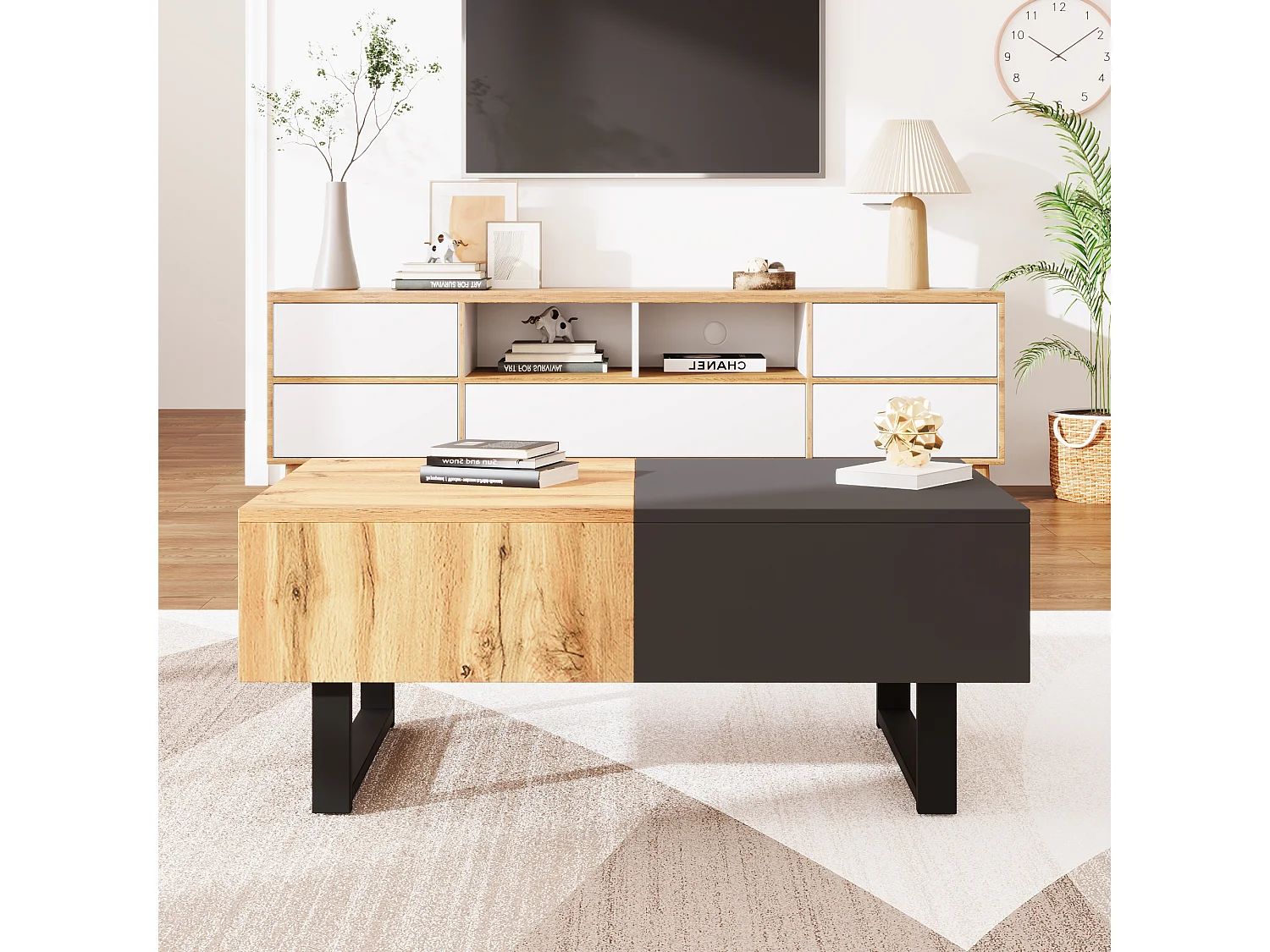 Rozsuwany stolik kawowy z ukrytym schowkiem - 155 x 55 x 22 cm - drewno i metal - czarny i naturalny