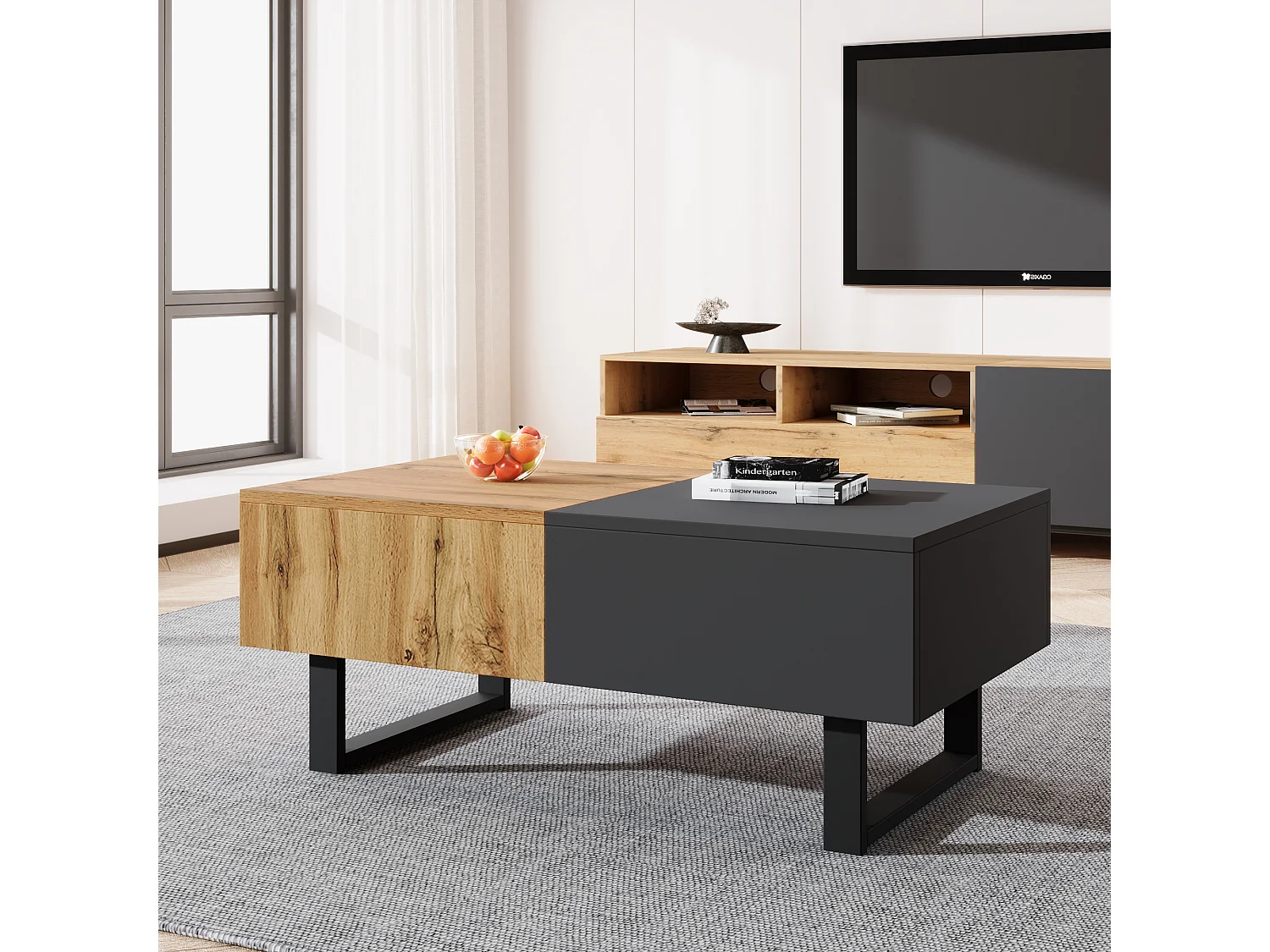 Rozsuwany stolik kawowy z ukrytym schowkiem - 155 x 55 x 22 cm - drewno i metal - czarny i naturalny