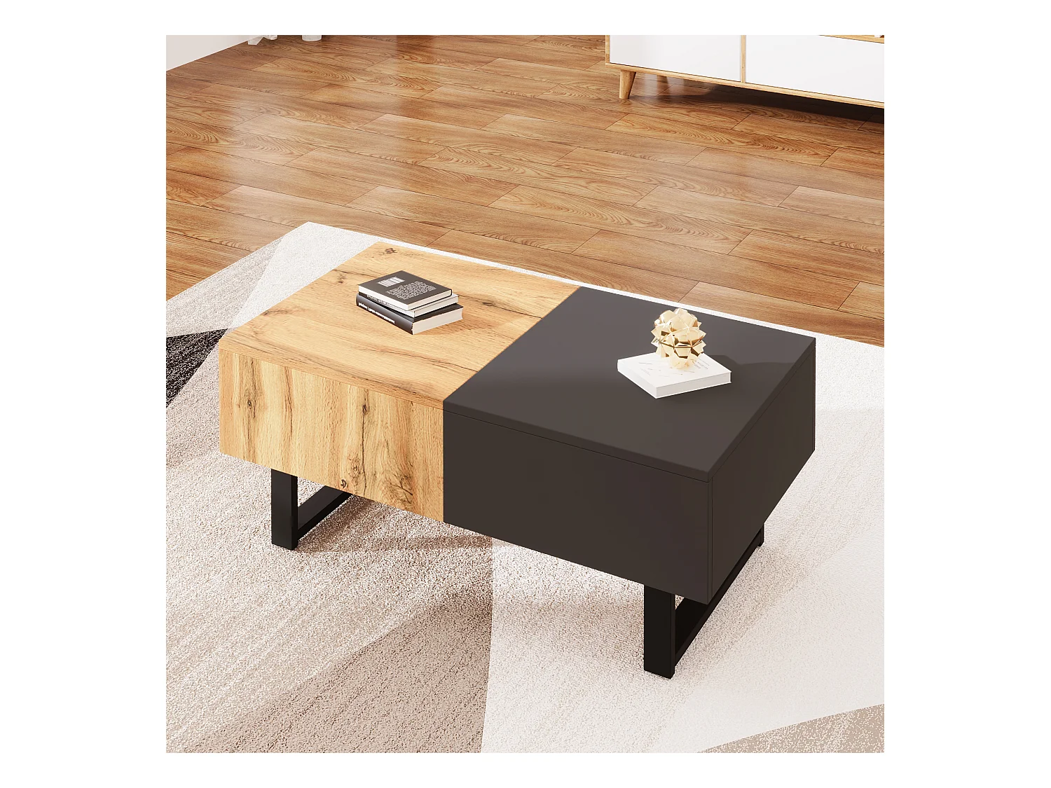 Rozsuwany stolik kawowy z ukrytym schowkiem - 155 x 55 x 22 cm - drewno i metal - czarny i naturalny