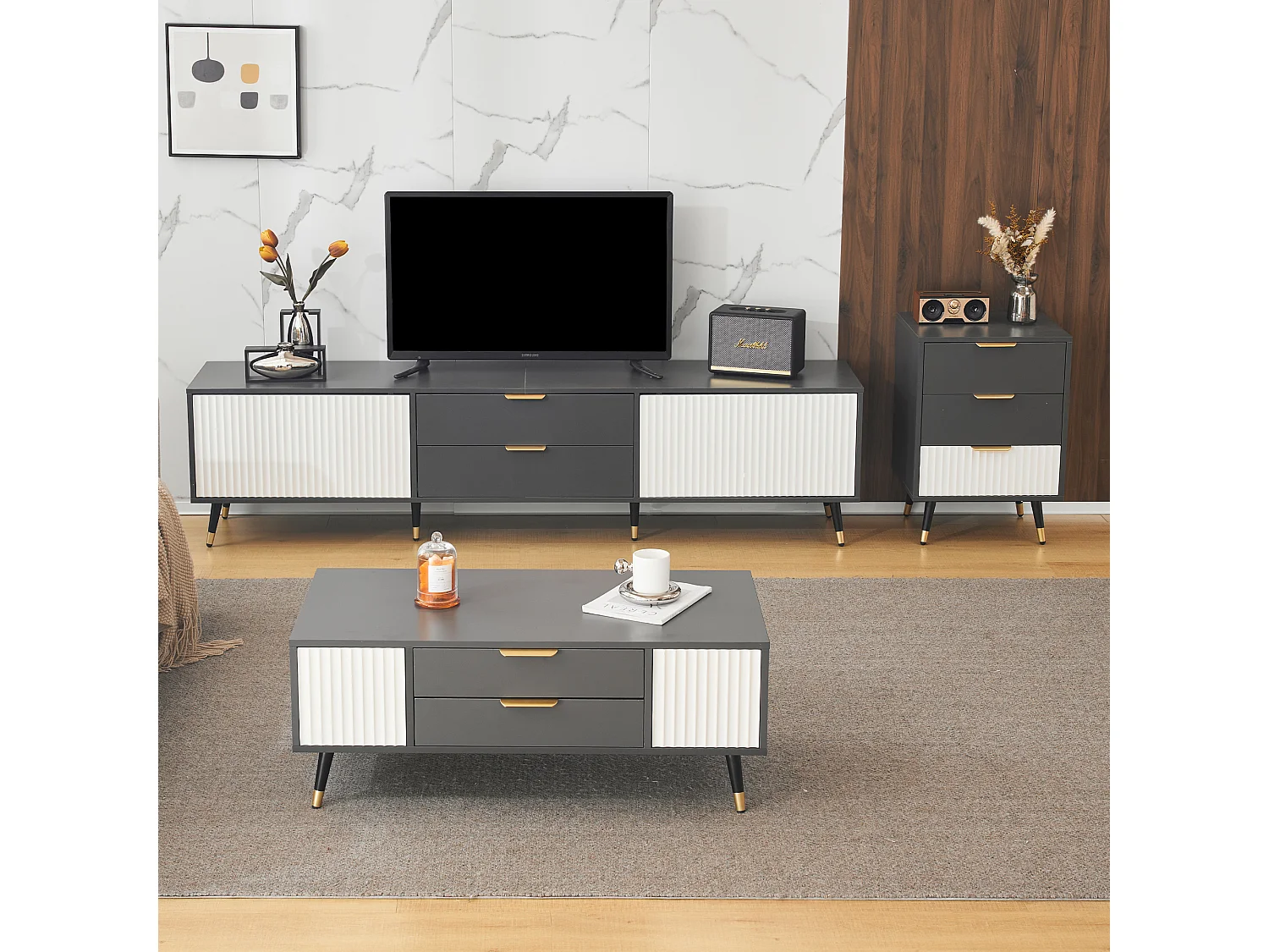 Conjunto de muebles de salón de 3 piezas: mueble de televisión, mesa auxiliar y mesa de centro - Tablero de partículas - Gris y blanco
