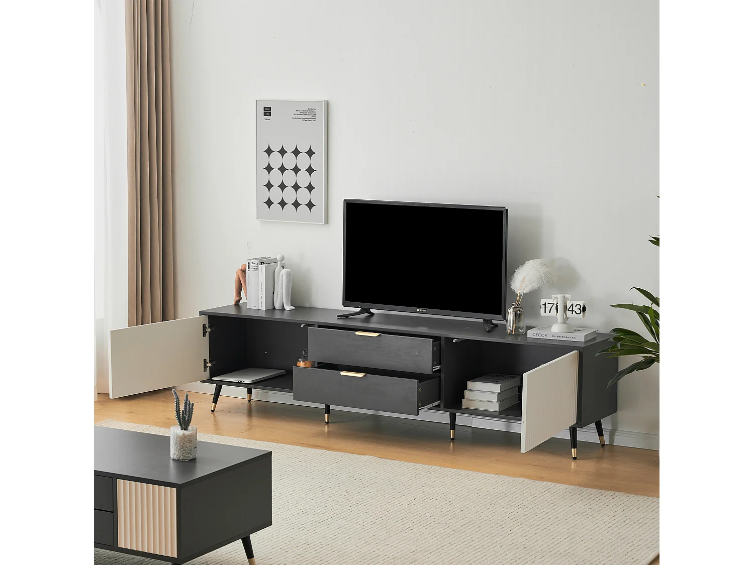 Conjunto de muebles de salón de 3 piezas: mueble de televisión, mesa auxiliar y mesa de centro - Tablero de partículas - Gris y blanco
