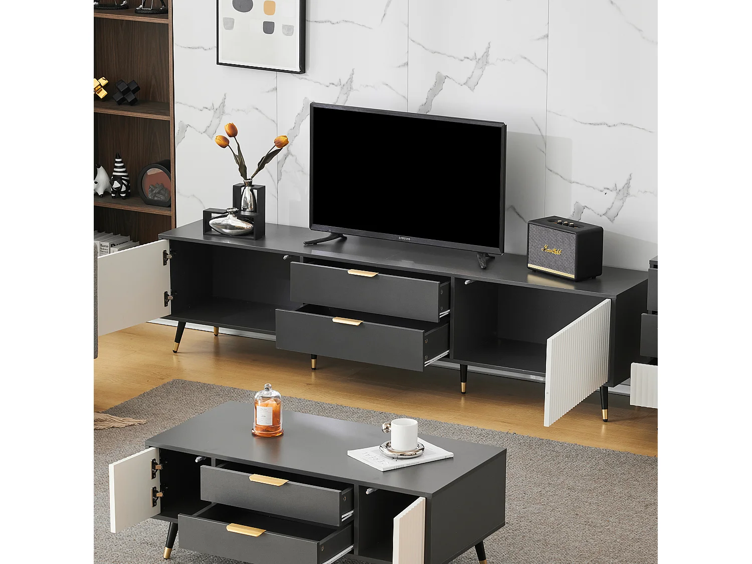 Conjunto de muebles de salón de 3 piezas: mueble de televisión, mesa auxiliar y mesa de centro - Tablero de partículas - Gris y blanco