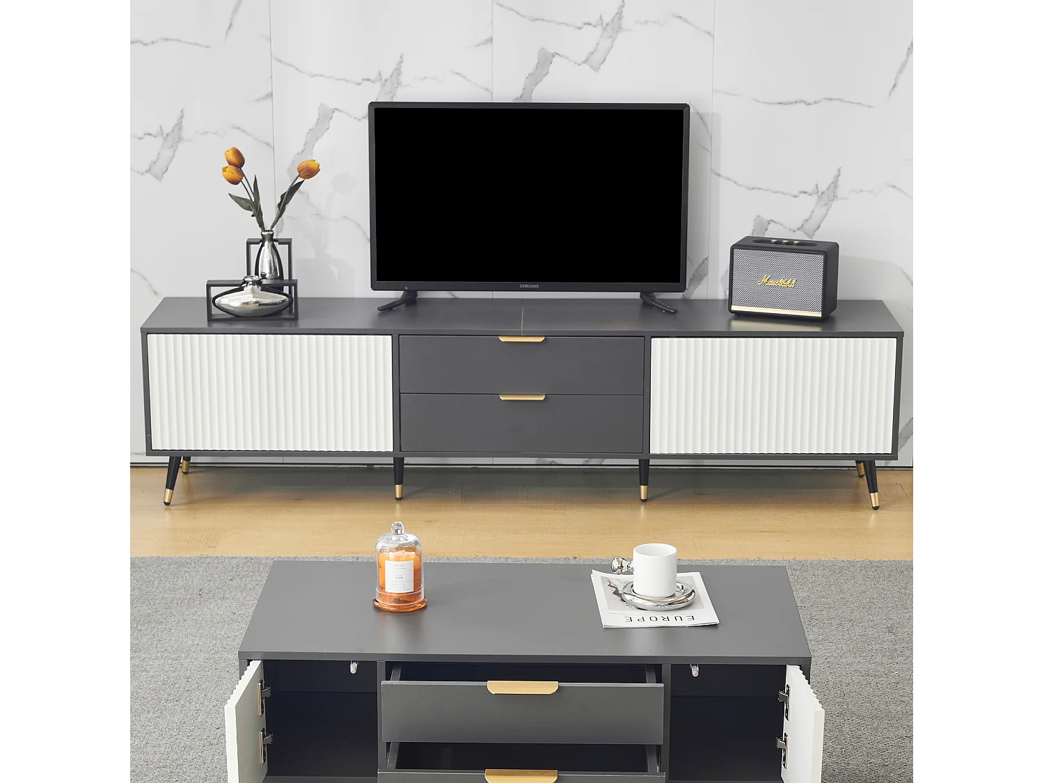 Conjunto de muebles de salón de 3 piezas: mueble de televisión, mesa auxiliar y mesa de centro - Tablero de partículas - Gris y blanco