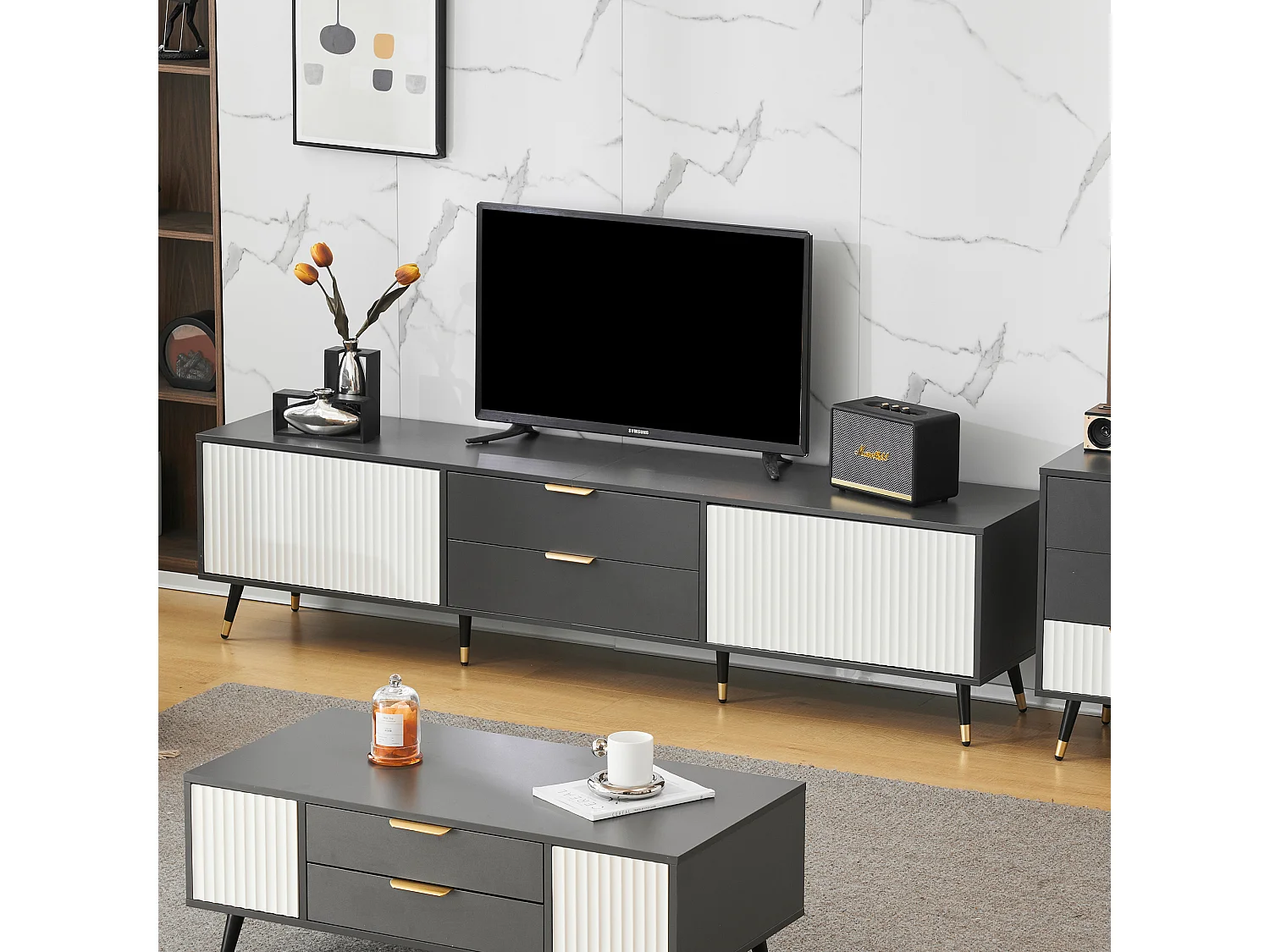 Conjunto de muebles de salón de 3 piezas: mueble de televisión, mesa auxiliar y mesa de centro - Tablero de partículas - Gris y blanco