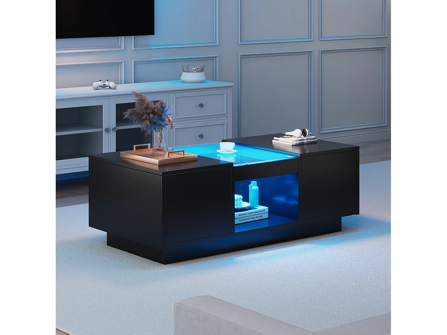 Table basse avec 2 tiroirs et 1 compartiment - 100x50x35,5 cm - éclairage LED et panneaux en verre - noir