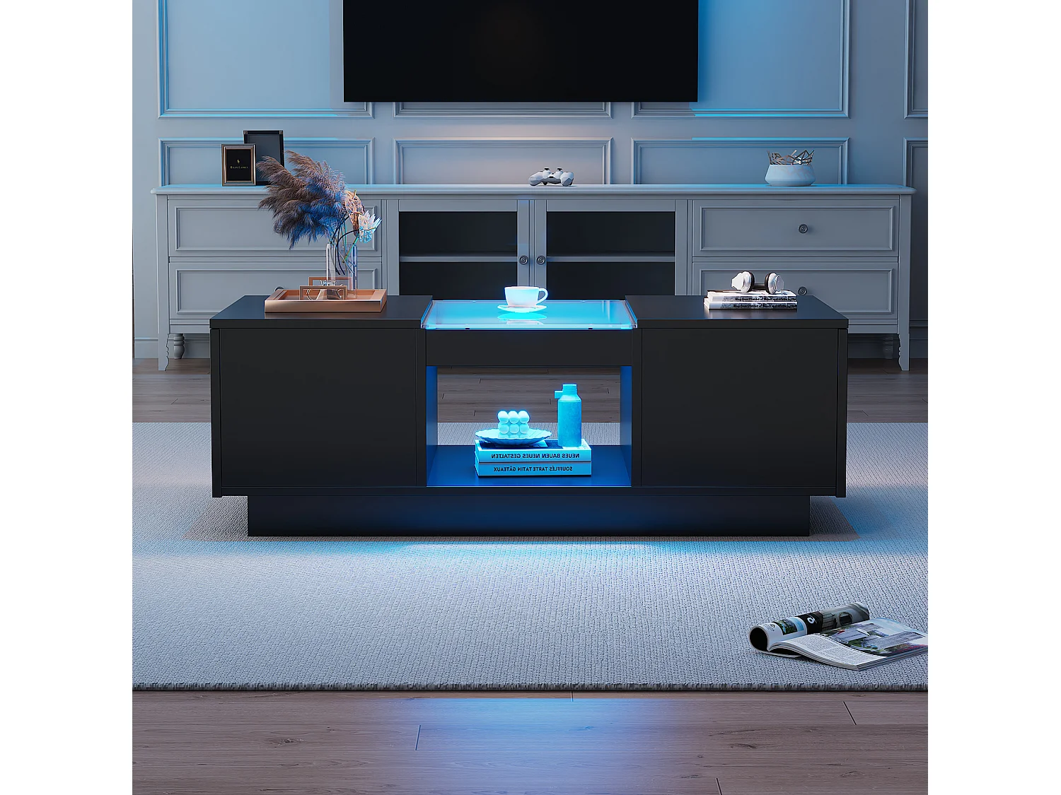 Table basse avec 2 tiroirs et 1 compartiment - 100x50x35,5 cm - éclairage LED et panneaux en verre - noir