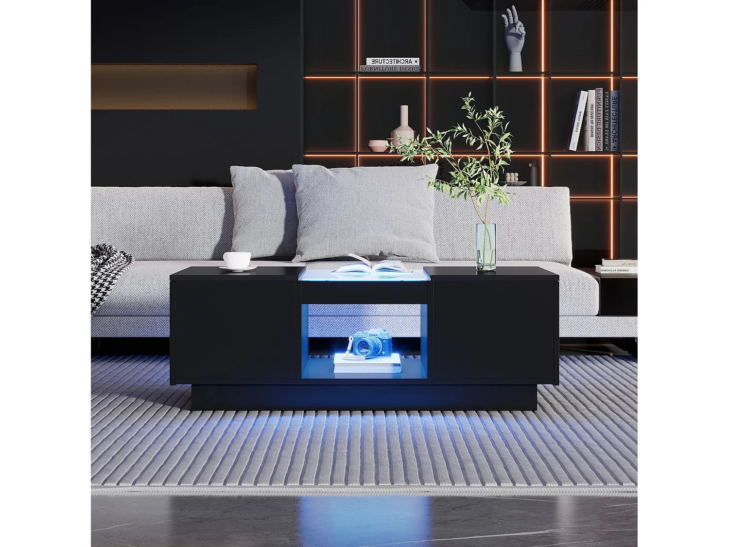 Table basse avec 2 tiroirs et 1 compartiment - 100x50x35,5 cm - éclairage LED et panneaux en verre - noir
