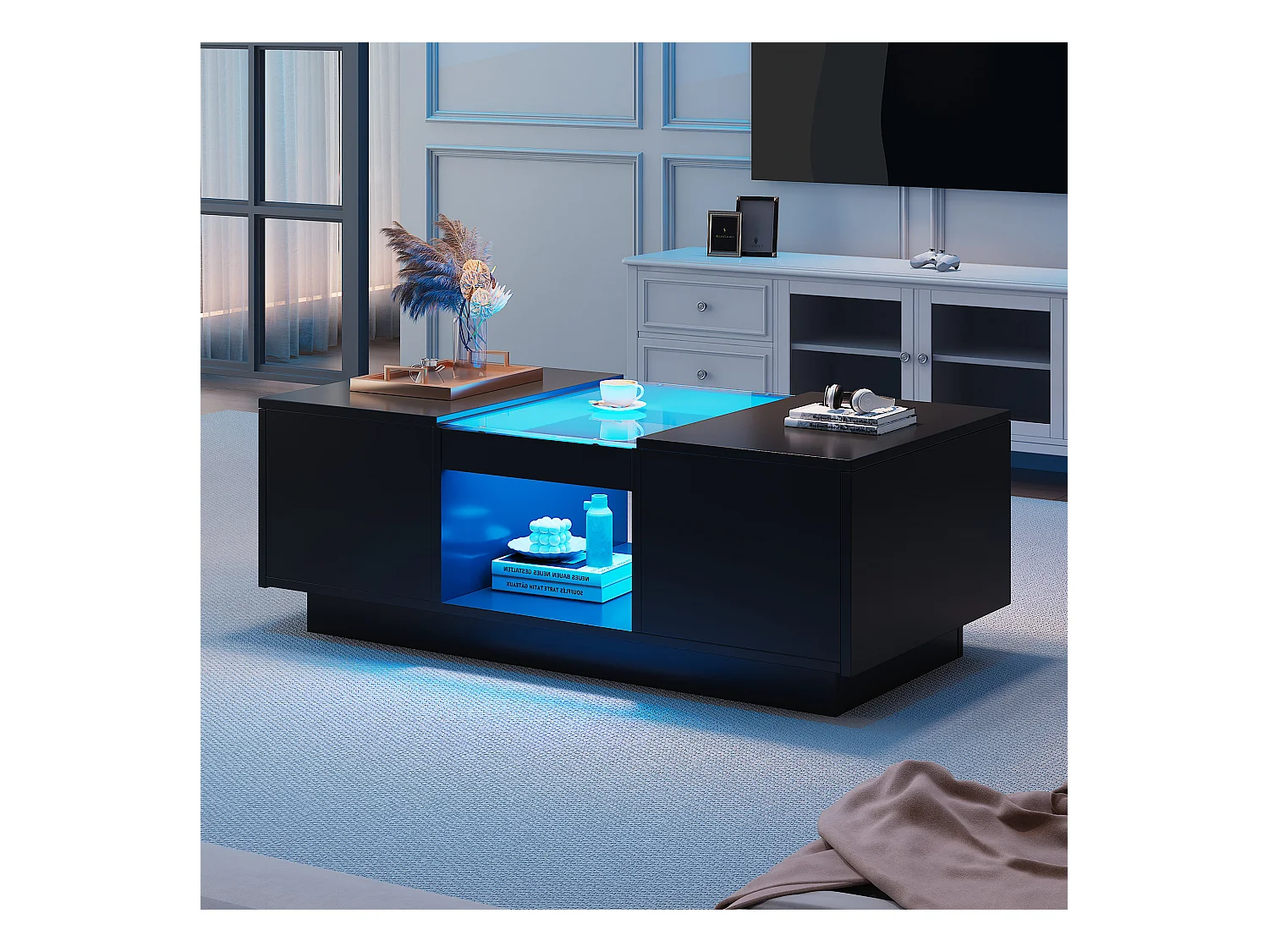Table basse avec 2 tiroirs et 1 compartiment - 100x50x35,5 cm - éclairage LED et panneaux en verre - noir