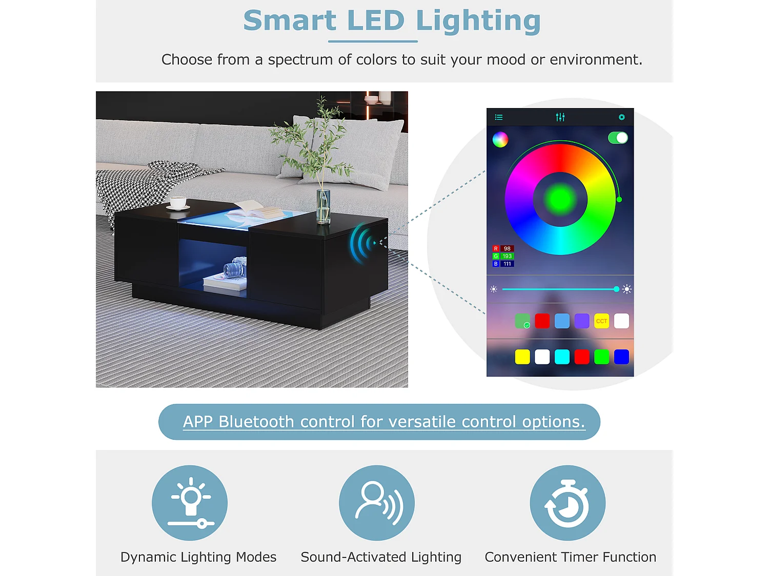 Mesa de centro con 2 cajones y 1 compartimento - 100x50x35,5 cm - iluminación LED y paneles de vidrio - negra