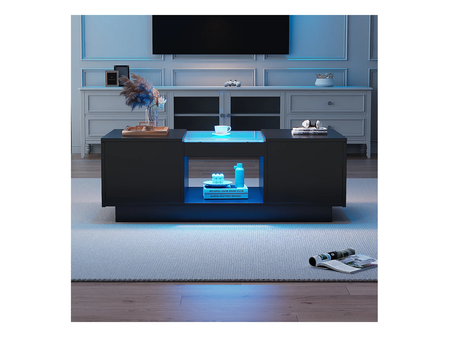 Mesa de centro con 2 cajones y 1 compartimento - 100x50x35,5 cm - iluminación LED y paneles de vidrio - negra