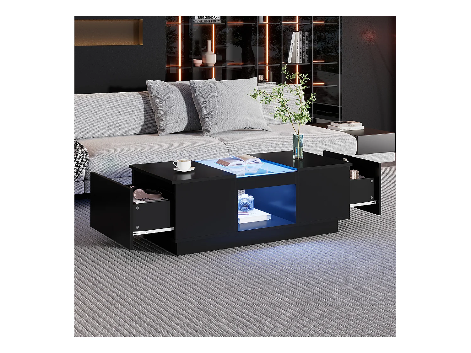 Mesa de centro con 2 cajones y 1 compartimento - 100x50x35,5 cm - iluminación LED y paneles de vidrio - negra