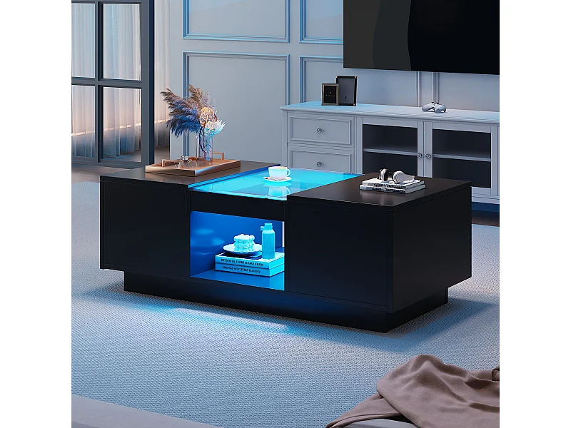 Couchtisch mit 2 Schubladen und 1 Fach – 100 x 50 x 35,5 cm – LED-Beleuchtung und Glasscheiben – Schwarz